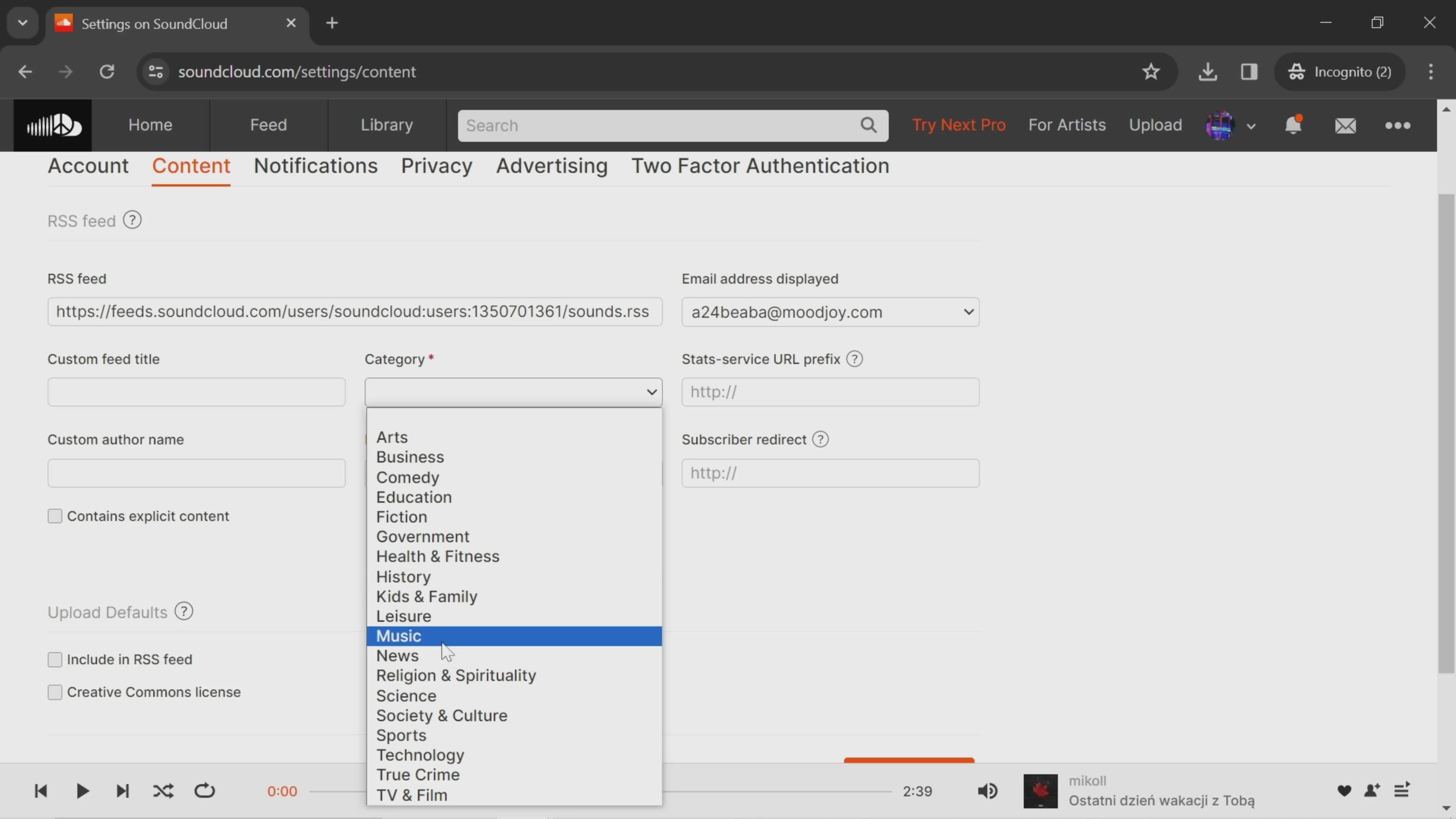 Settings on SoundCloud video thumbnail