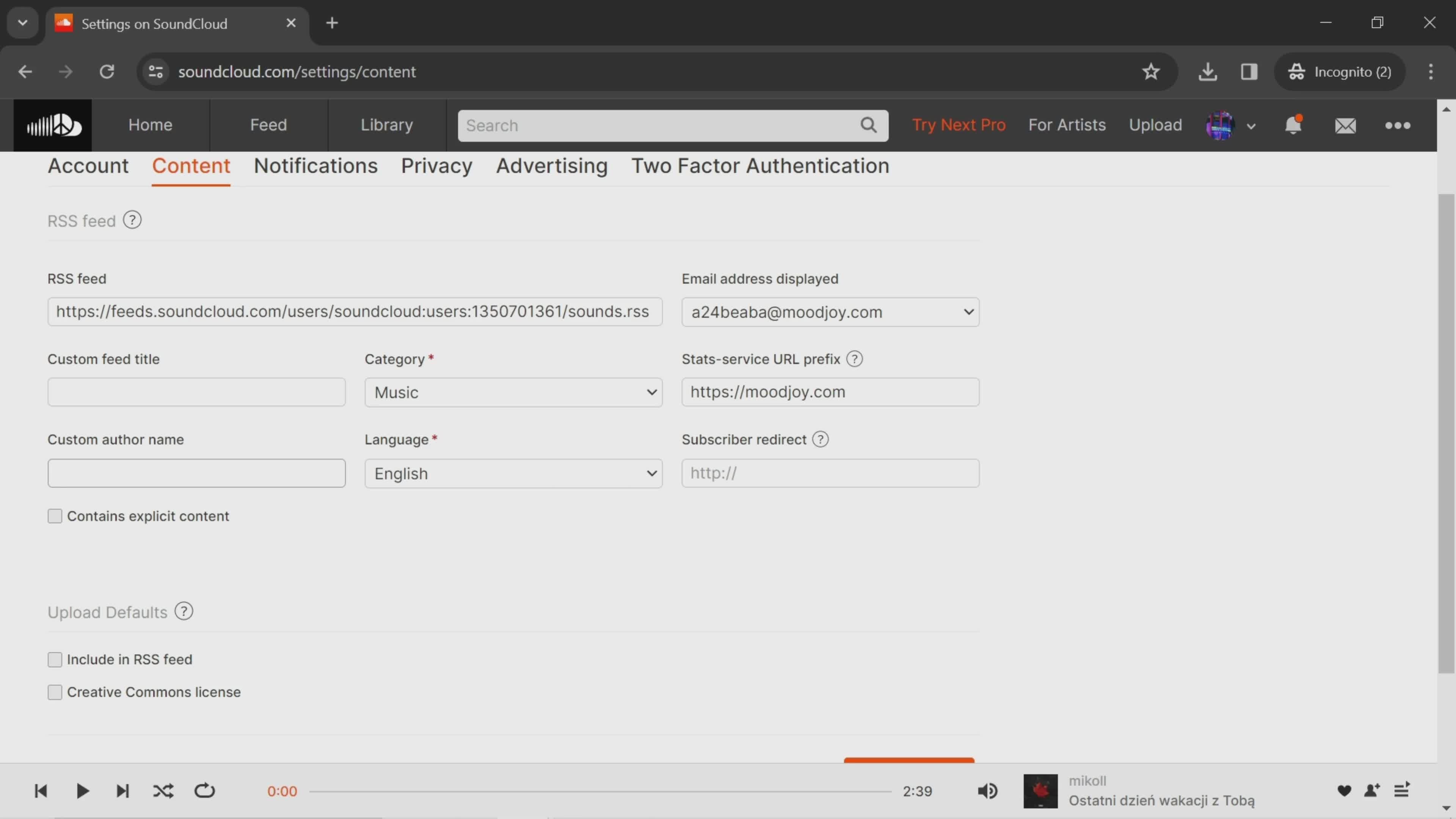 Settings on SoundCloud video thumbnail