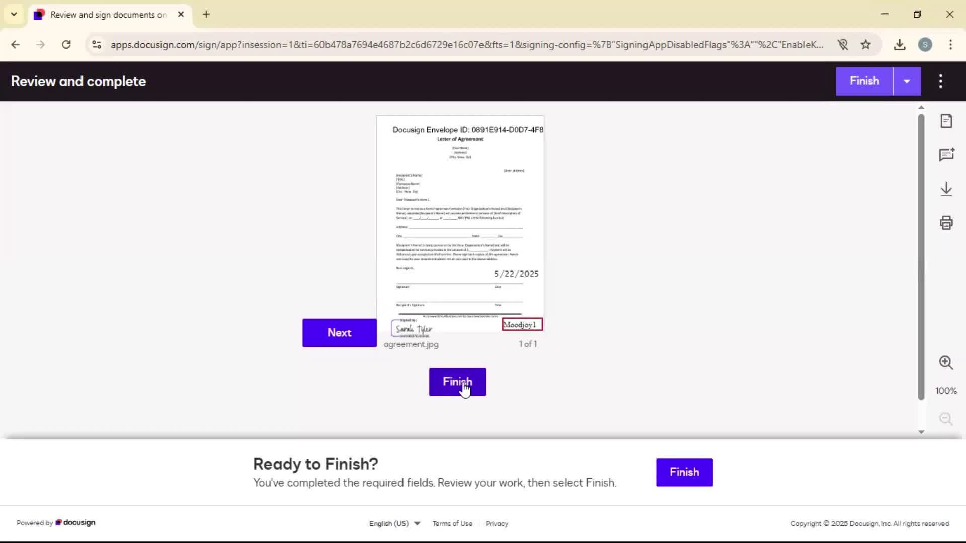Signing a document screenshot