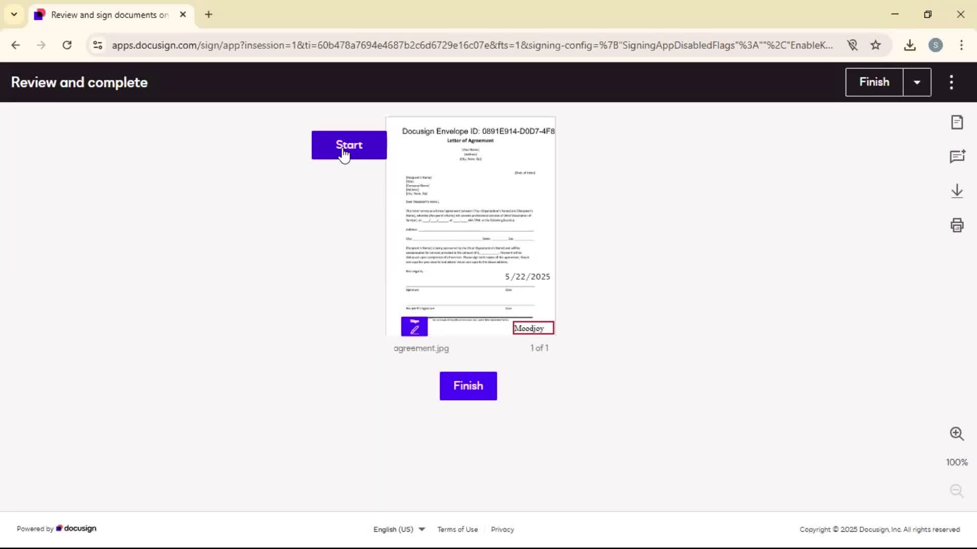 Signing a document screenshot