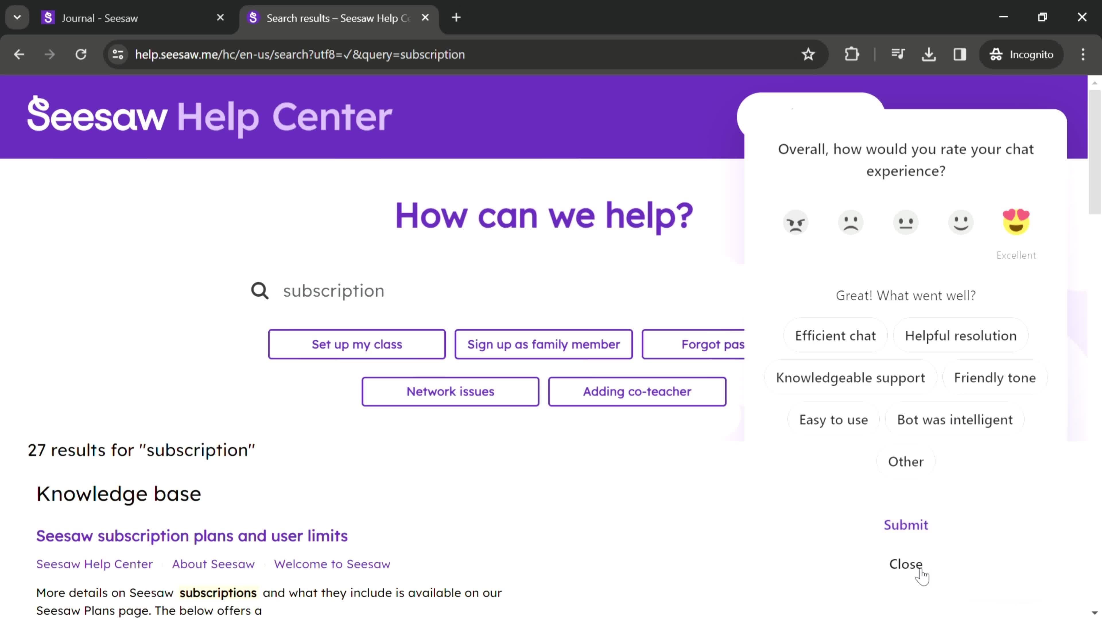 Help center screenshot