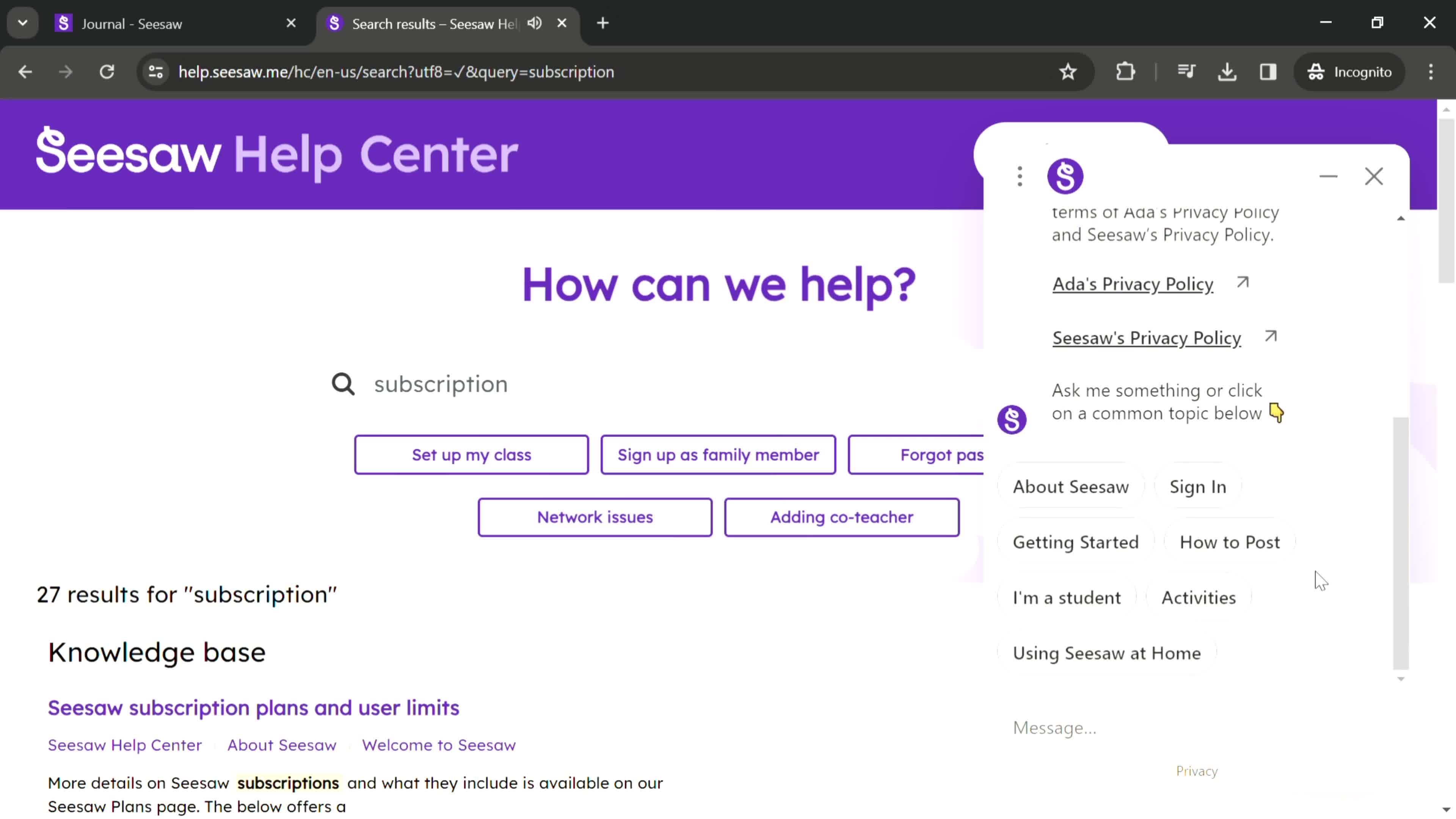 Help center screenshot