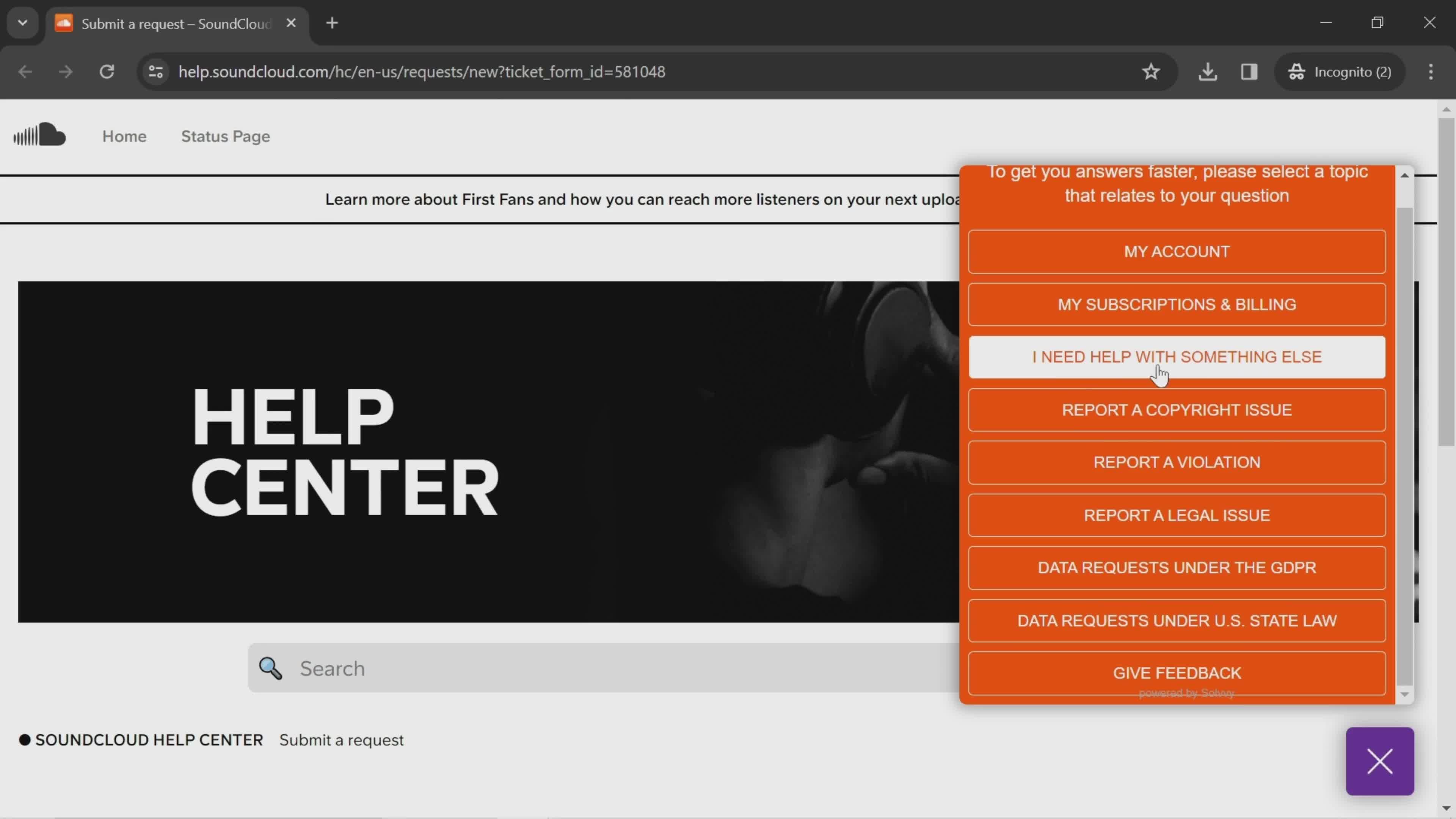 Help center screenshot