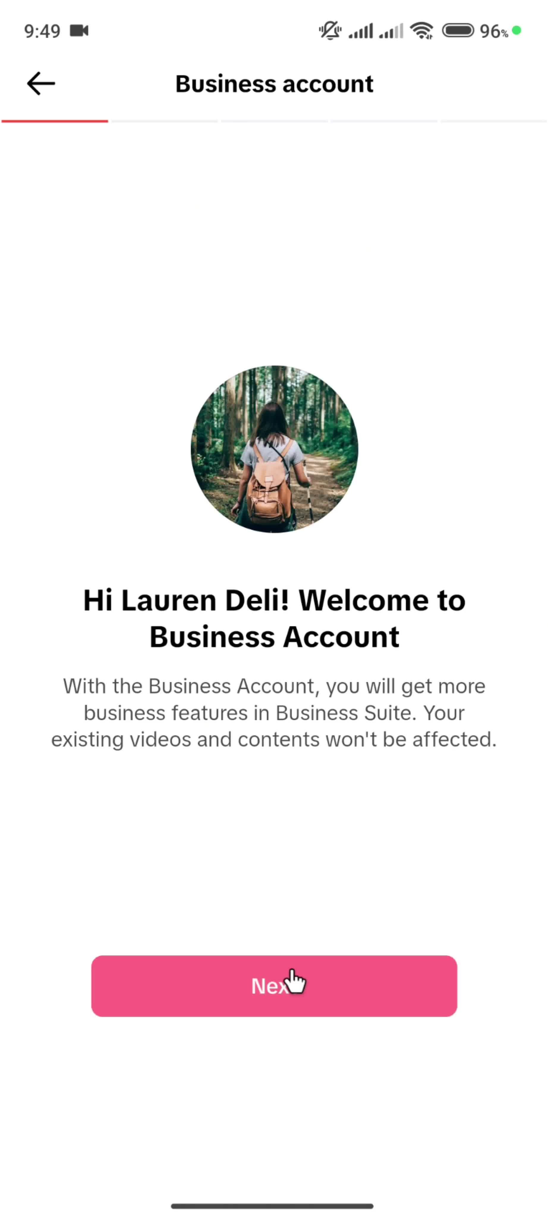 Creating a business account screenshot