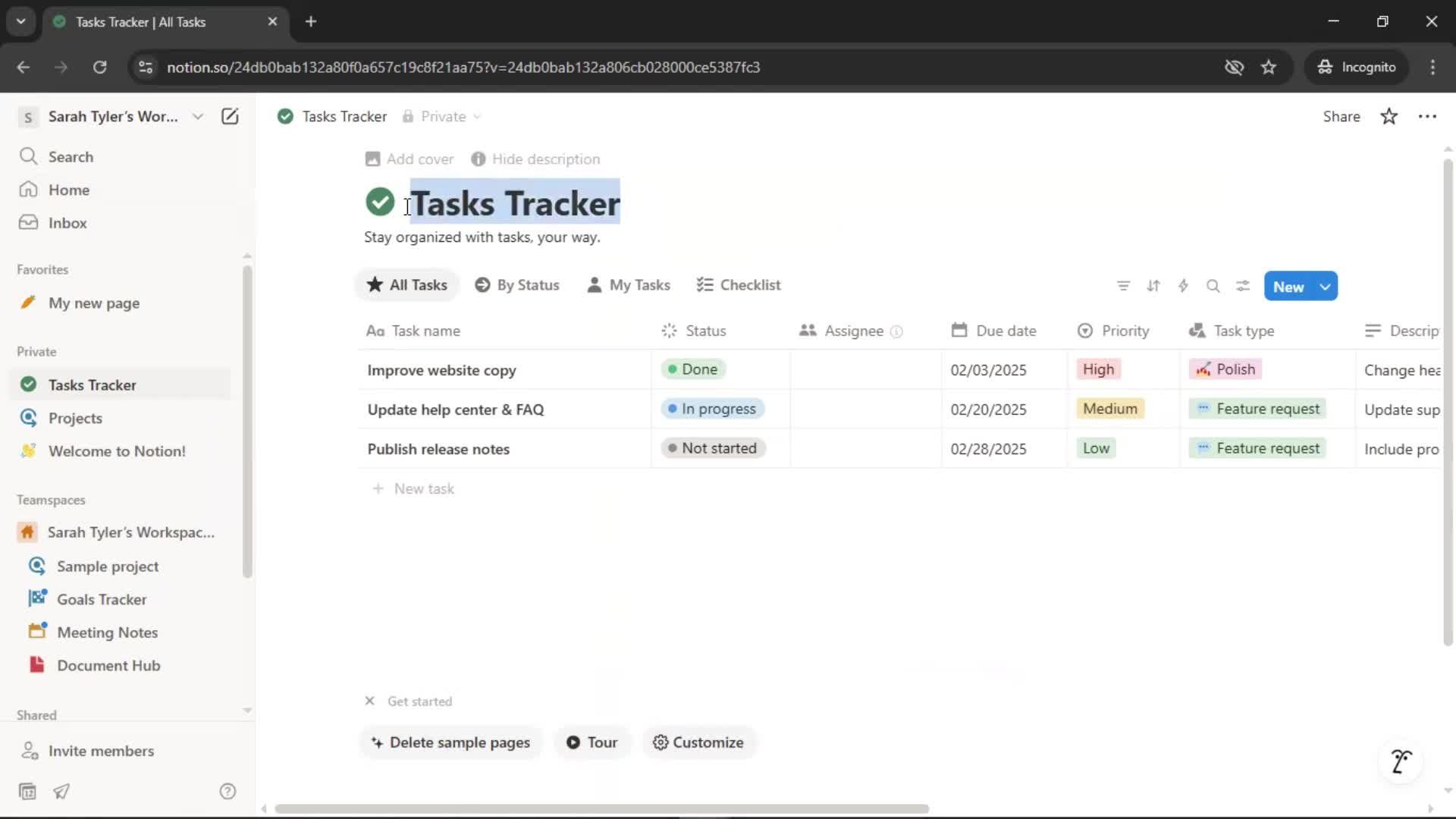 Tasks screenshot