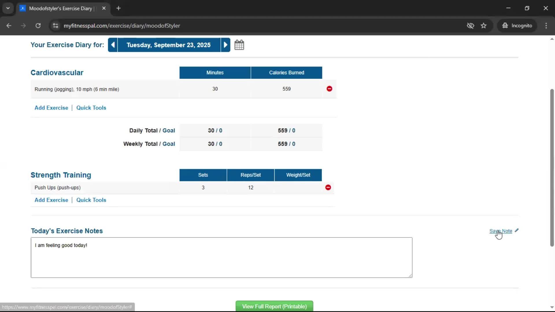 Tracking activity screenshot