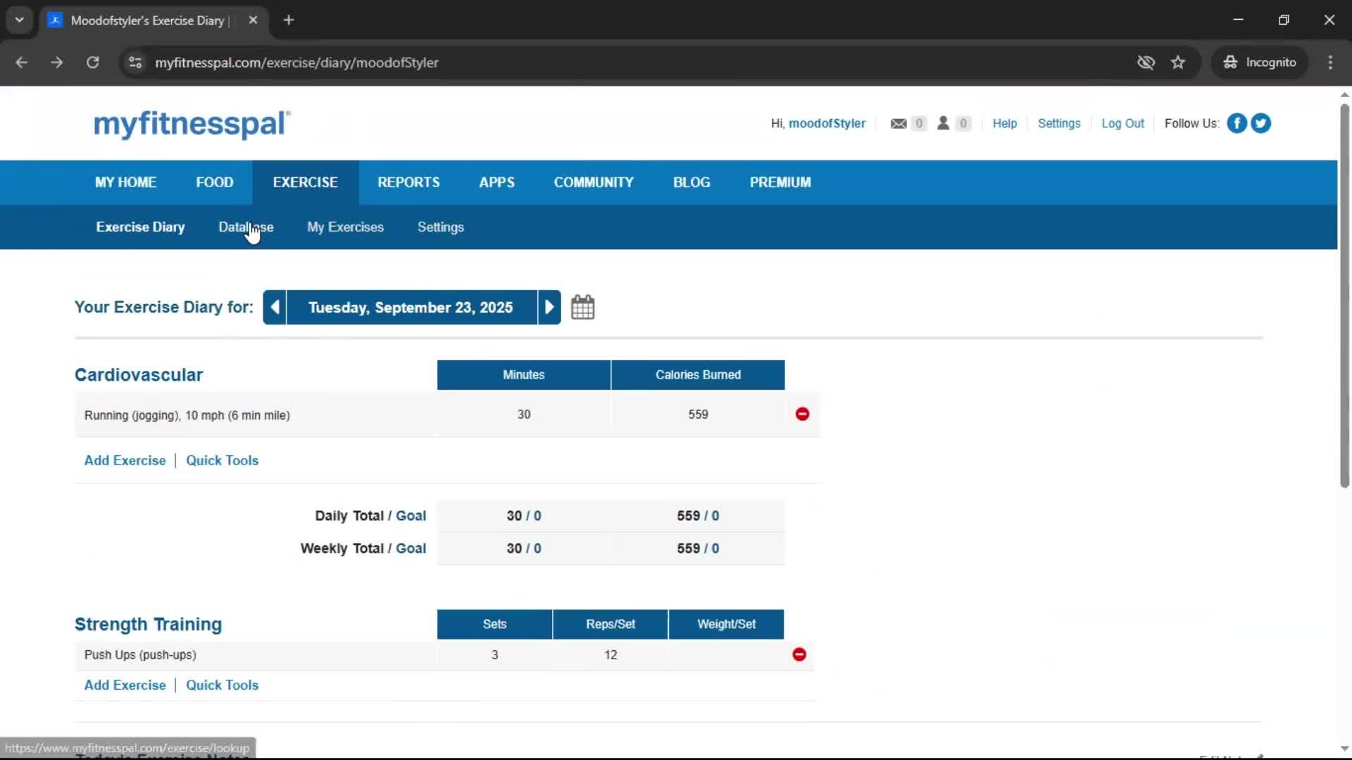 Tracking activity screenshot