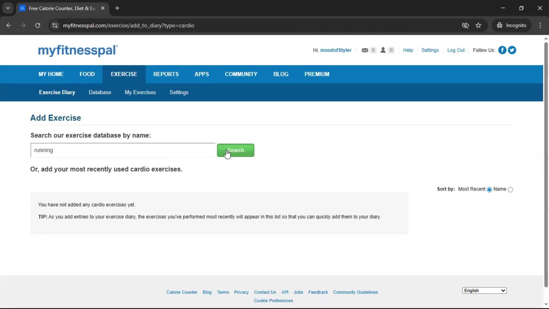 Tracking activity screenshot