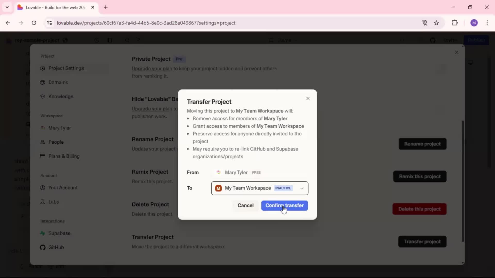 Transferring a project screenshot