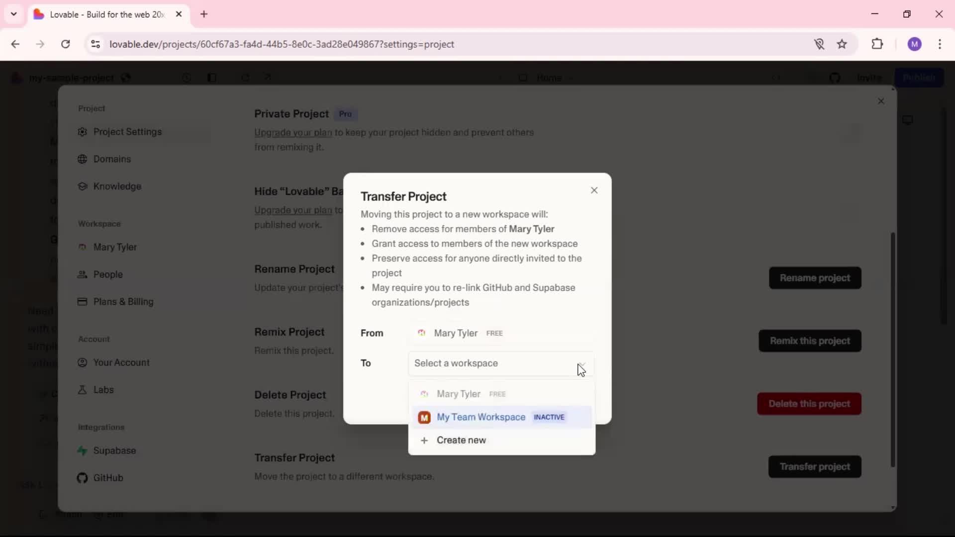 Transferring a project screenshot