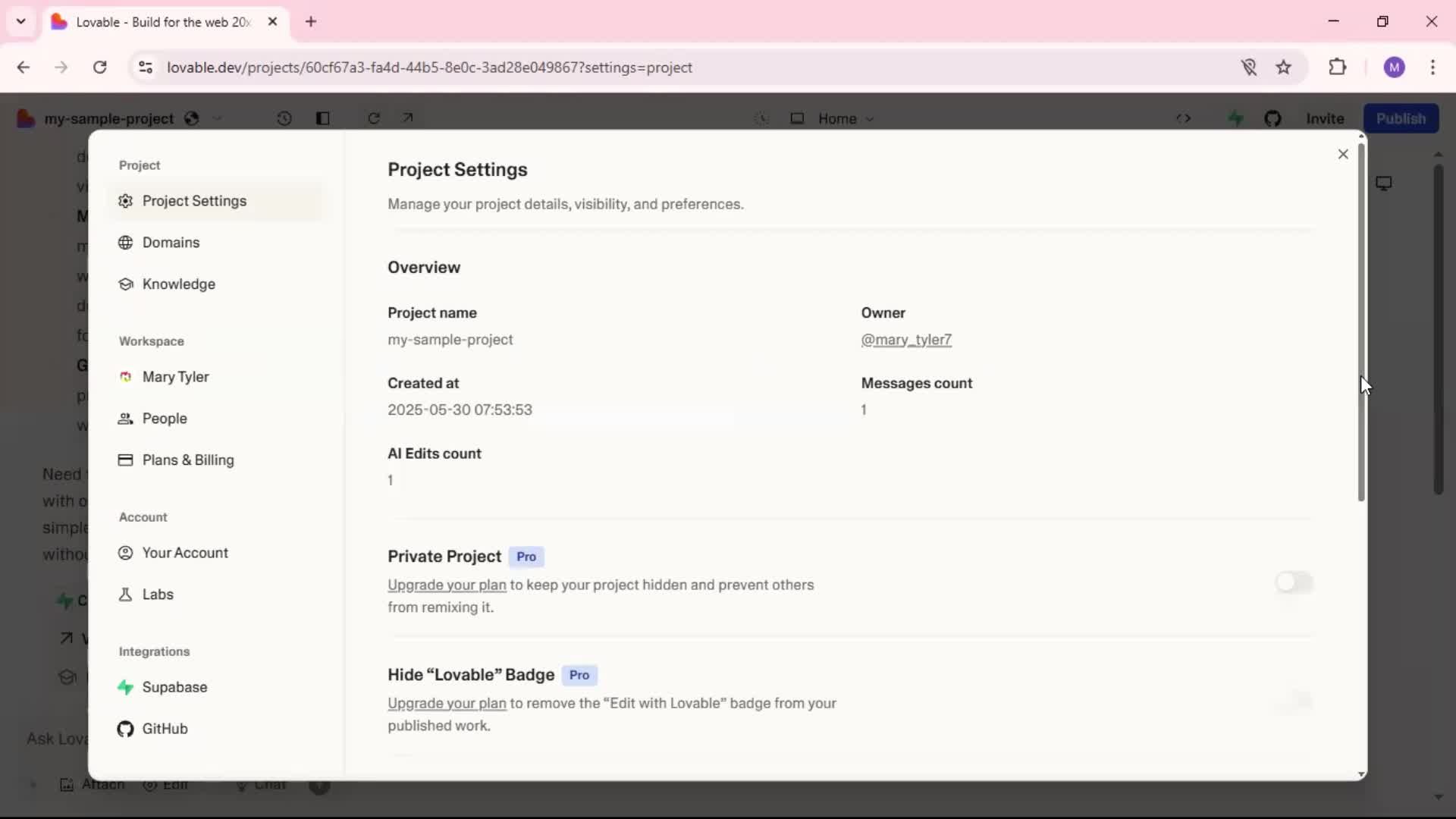 Transferring a project screenshot