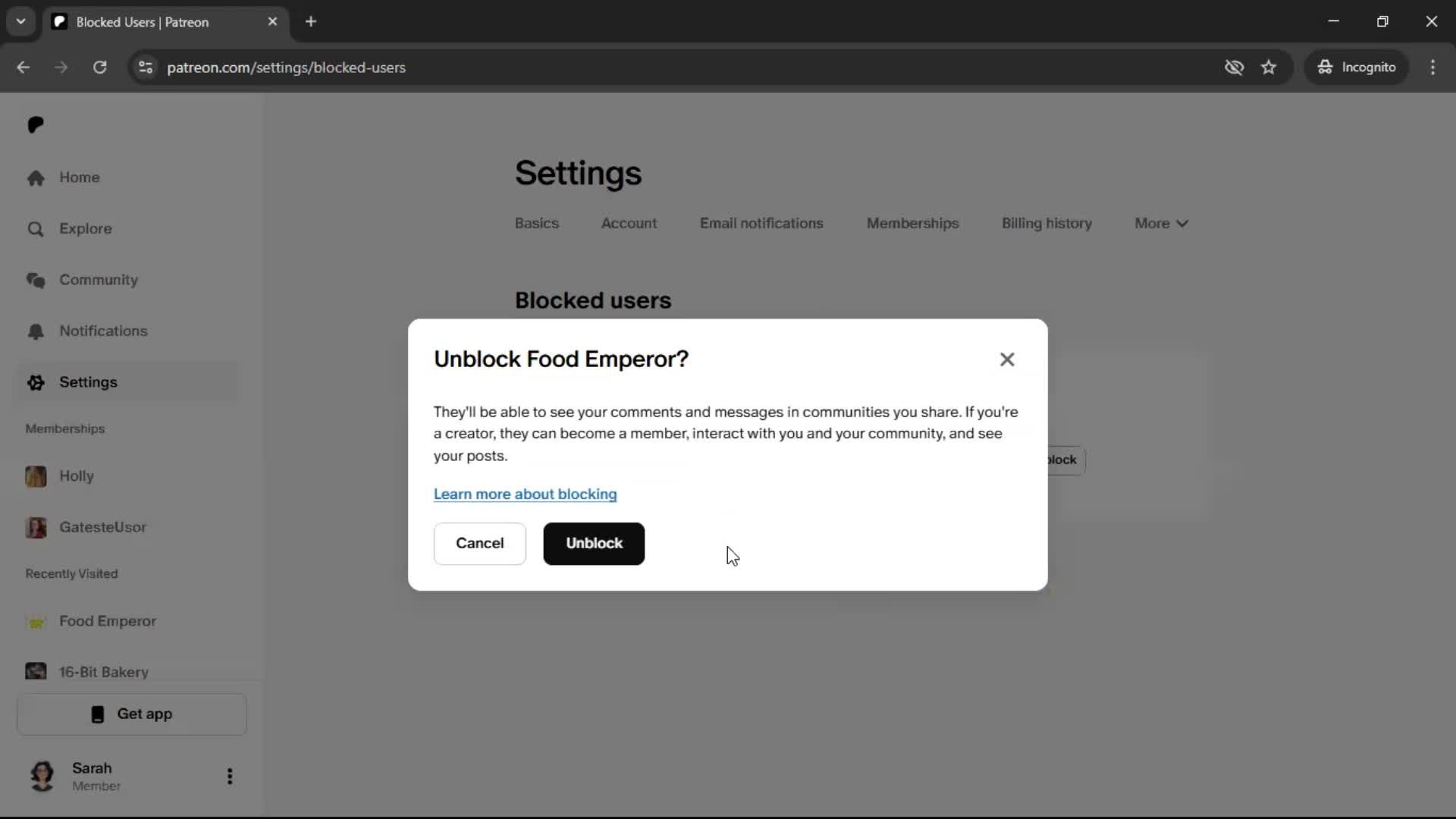 Unblocking users screenshot