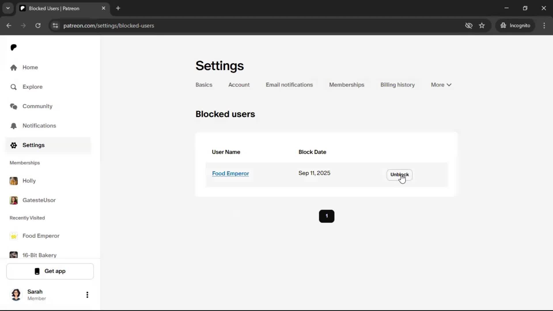 Unblocking users screenshot