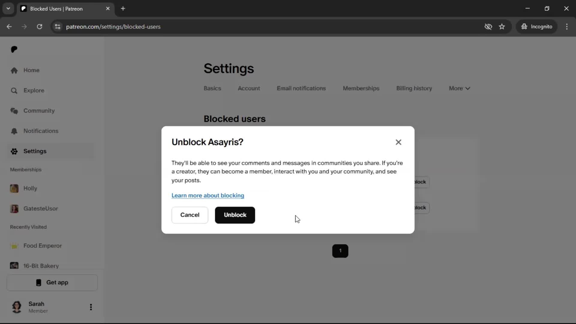 Unblocking users screenshot