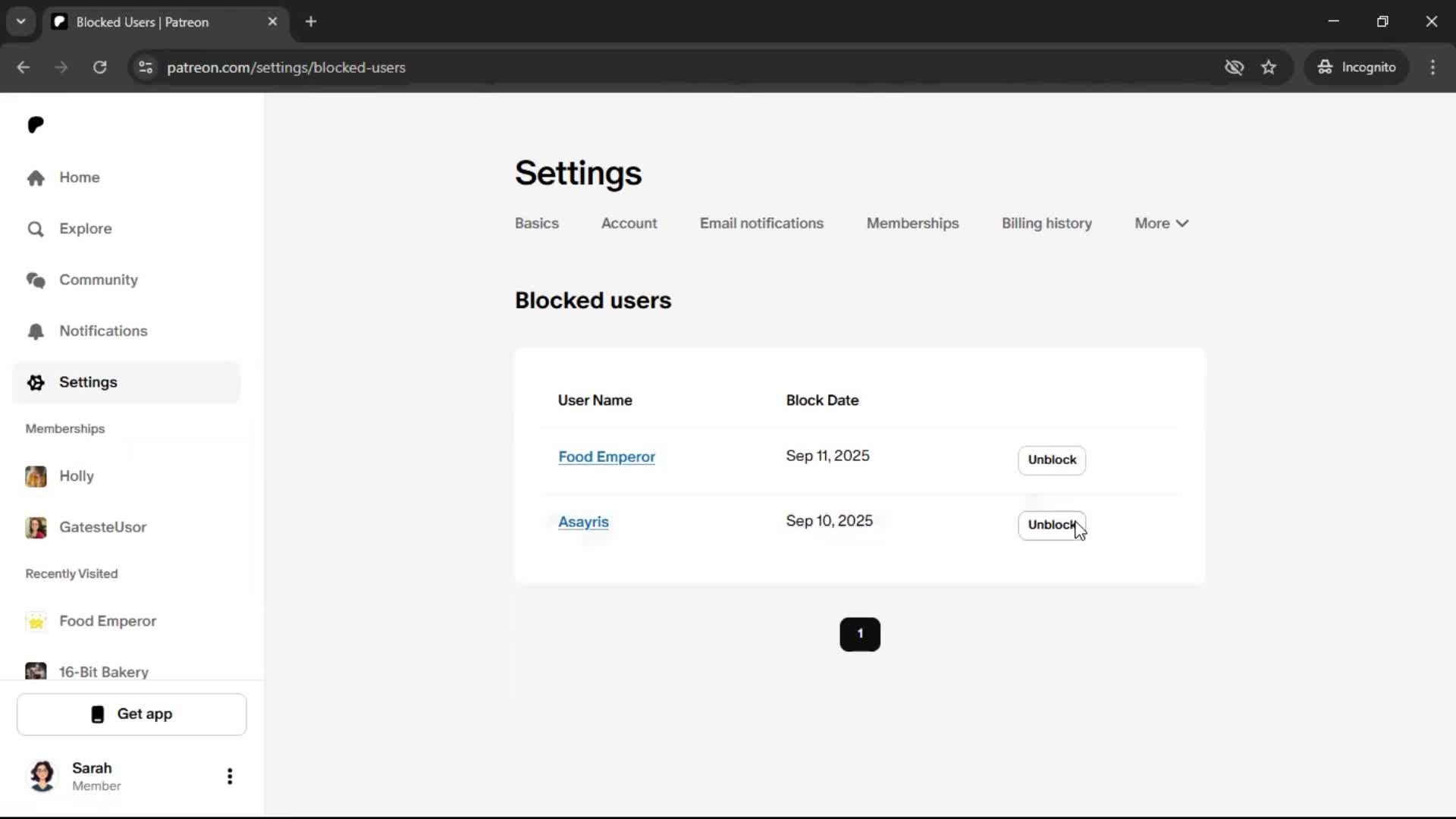 Unblocking users screenshot