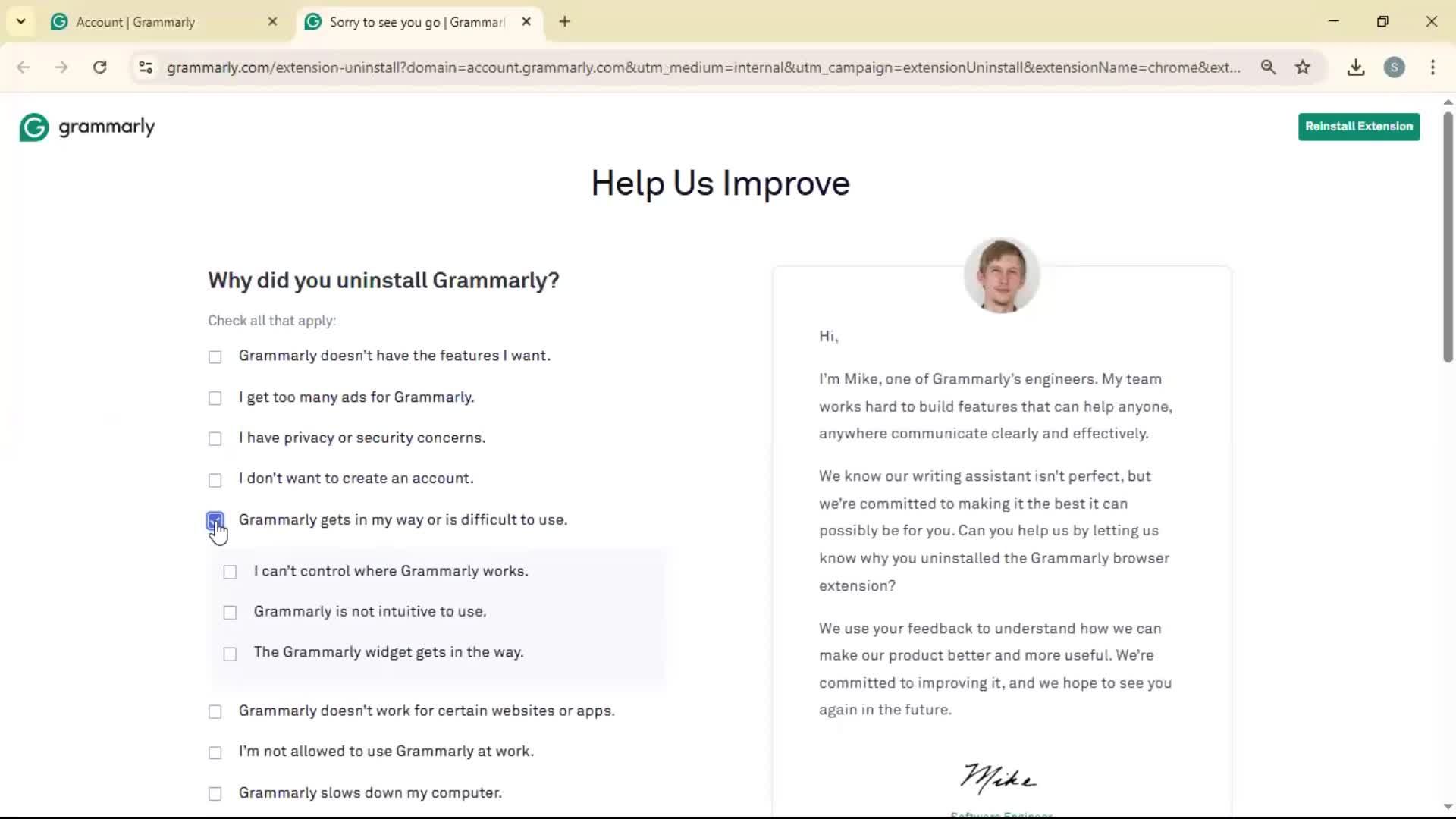 Uninstalling plugin screenshot
