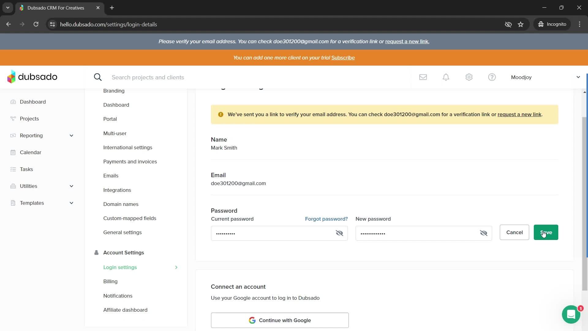Changing password screenshot