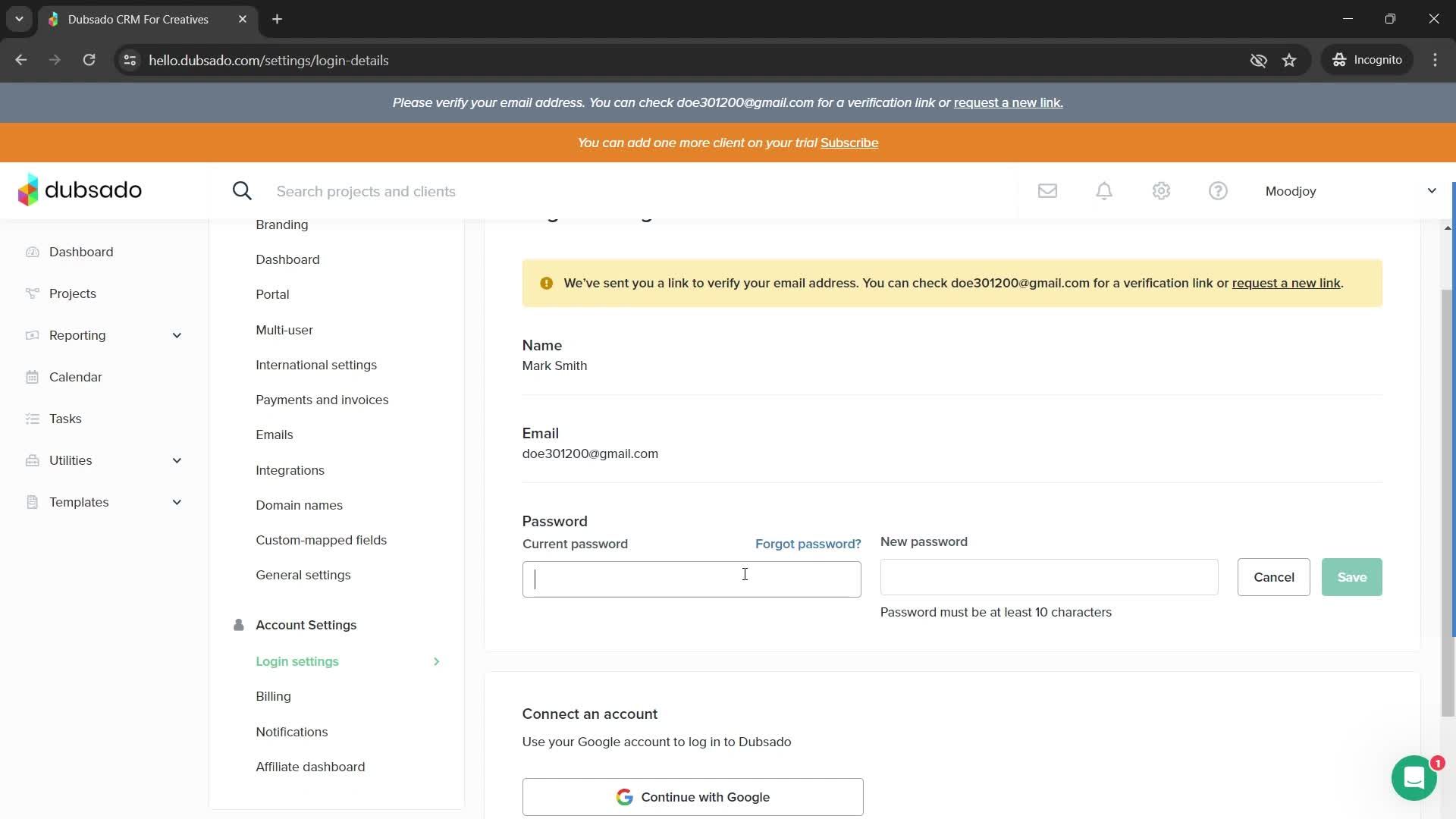 Changing password screenshot