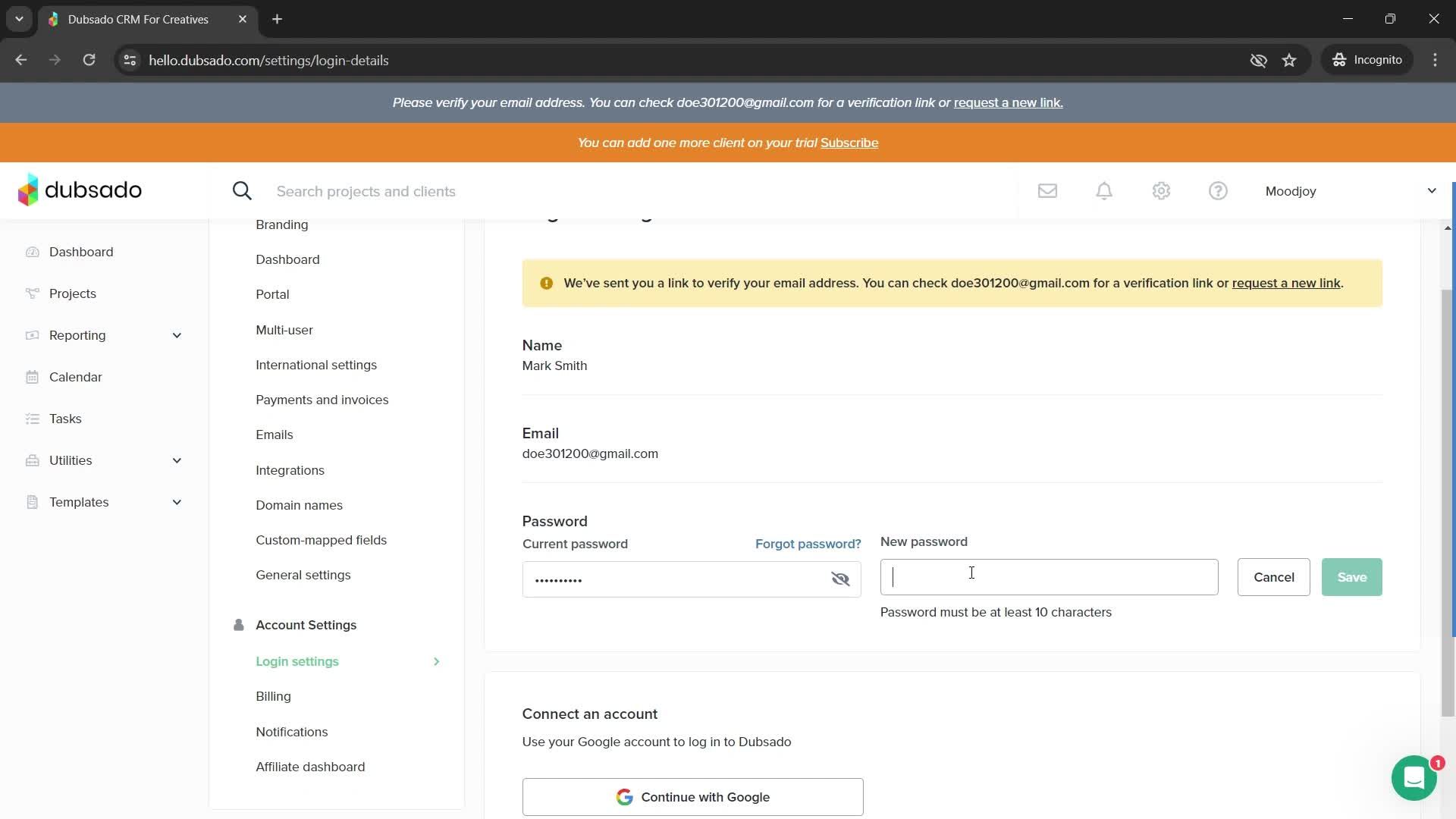 Changing password screenshot