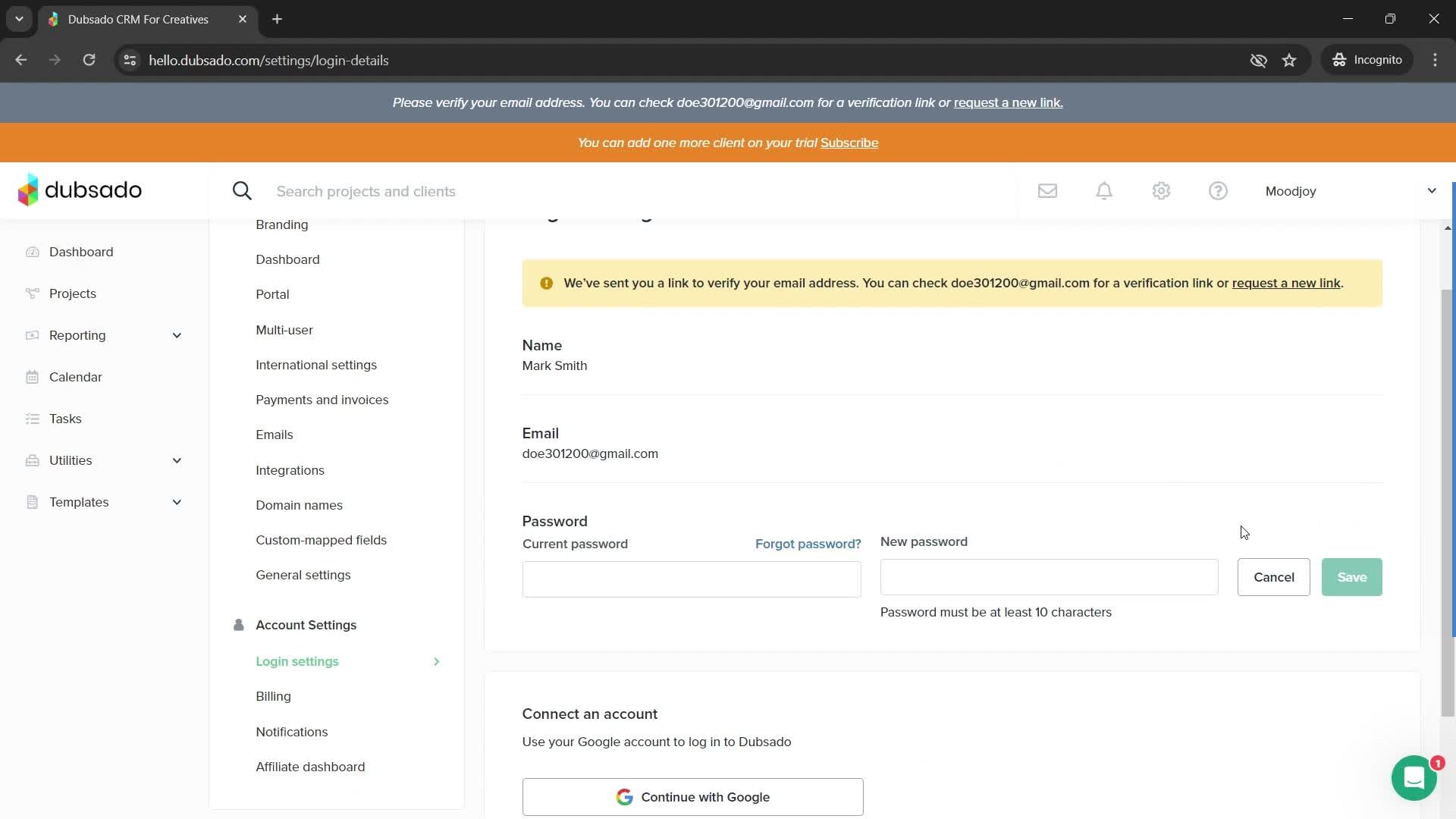 Changing password screenshot
