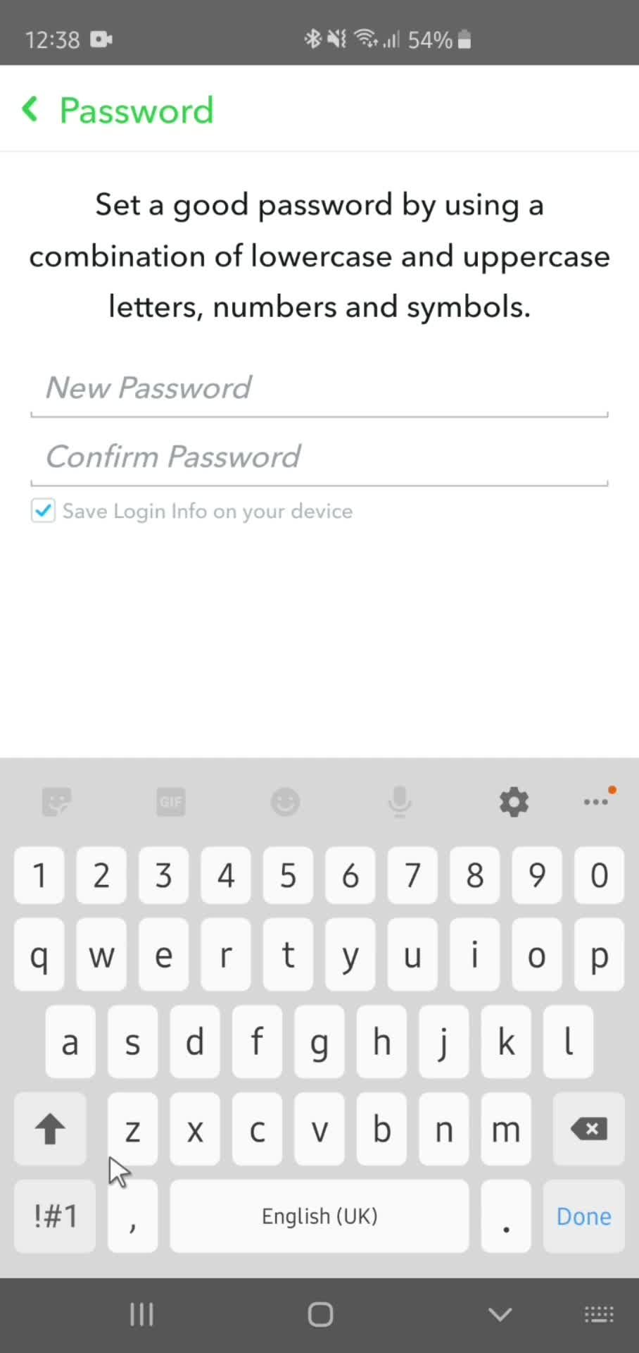 Changing password screenshot