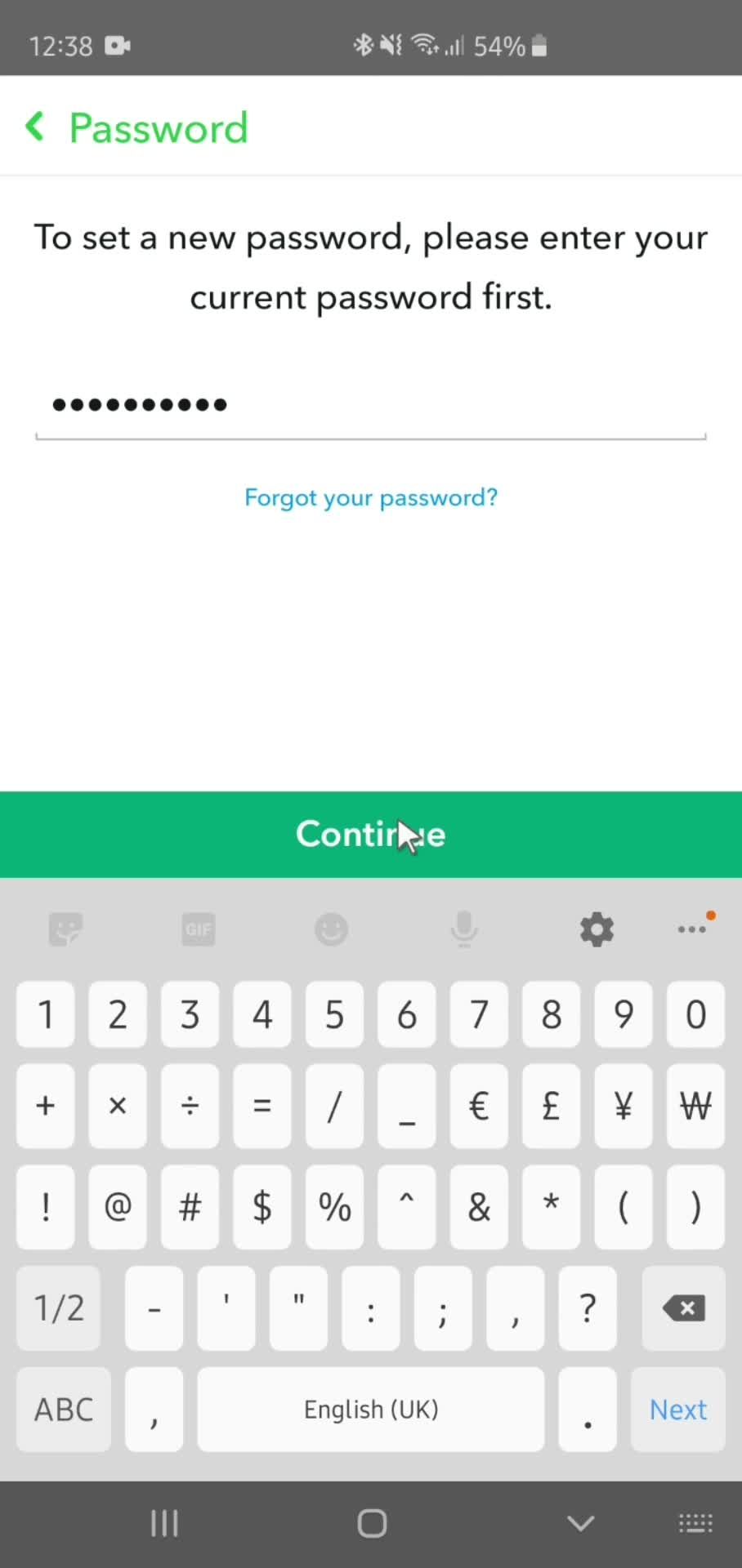 Changing password screenshot