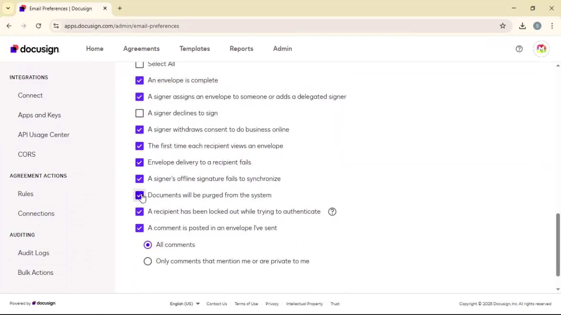 Updating email preferences screenshot