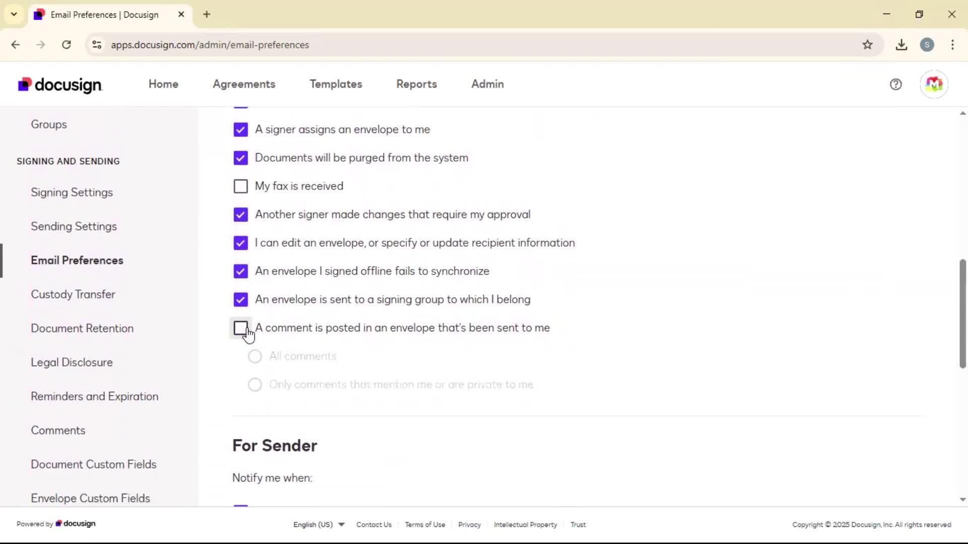 Updating email preferences screenshot