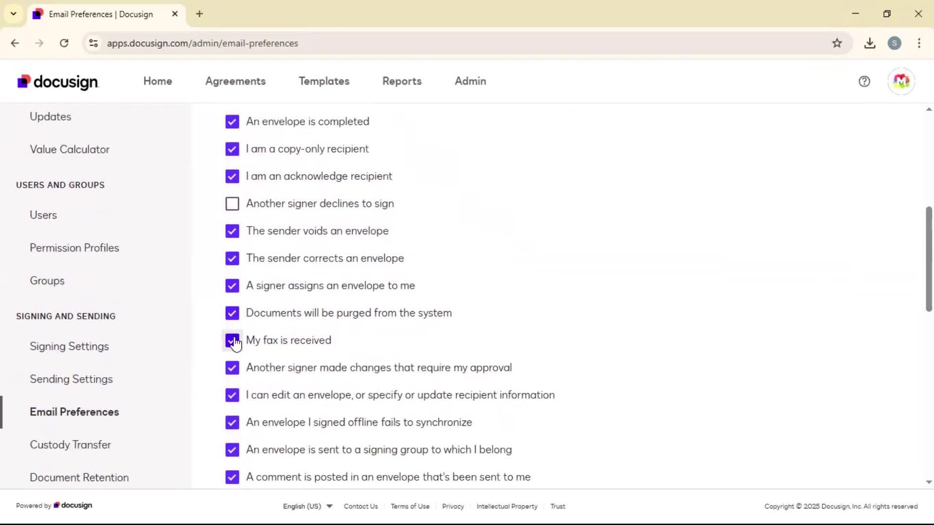 Updating email preferences screenshot