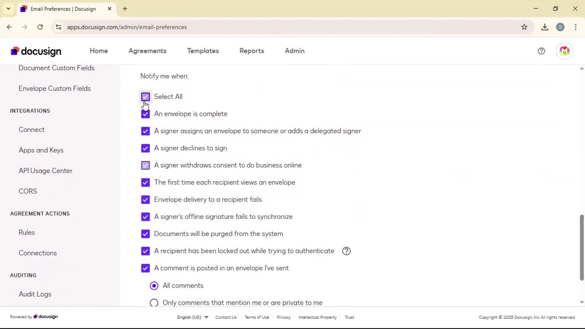 Updating email preferences screenshot
