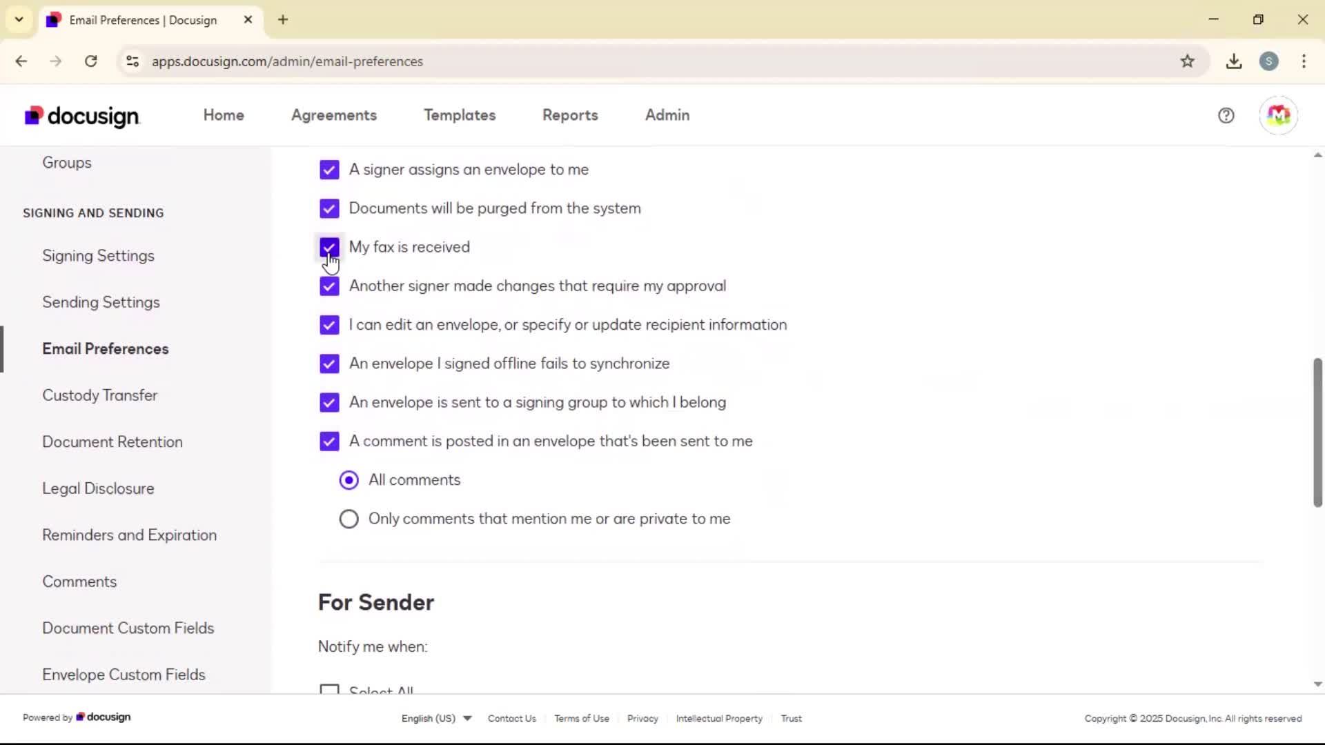 Updating email preferences screenshot