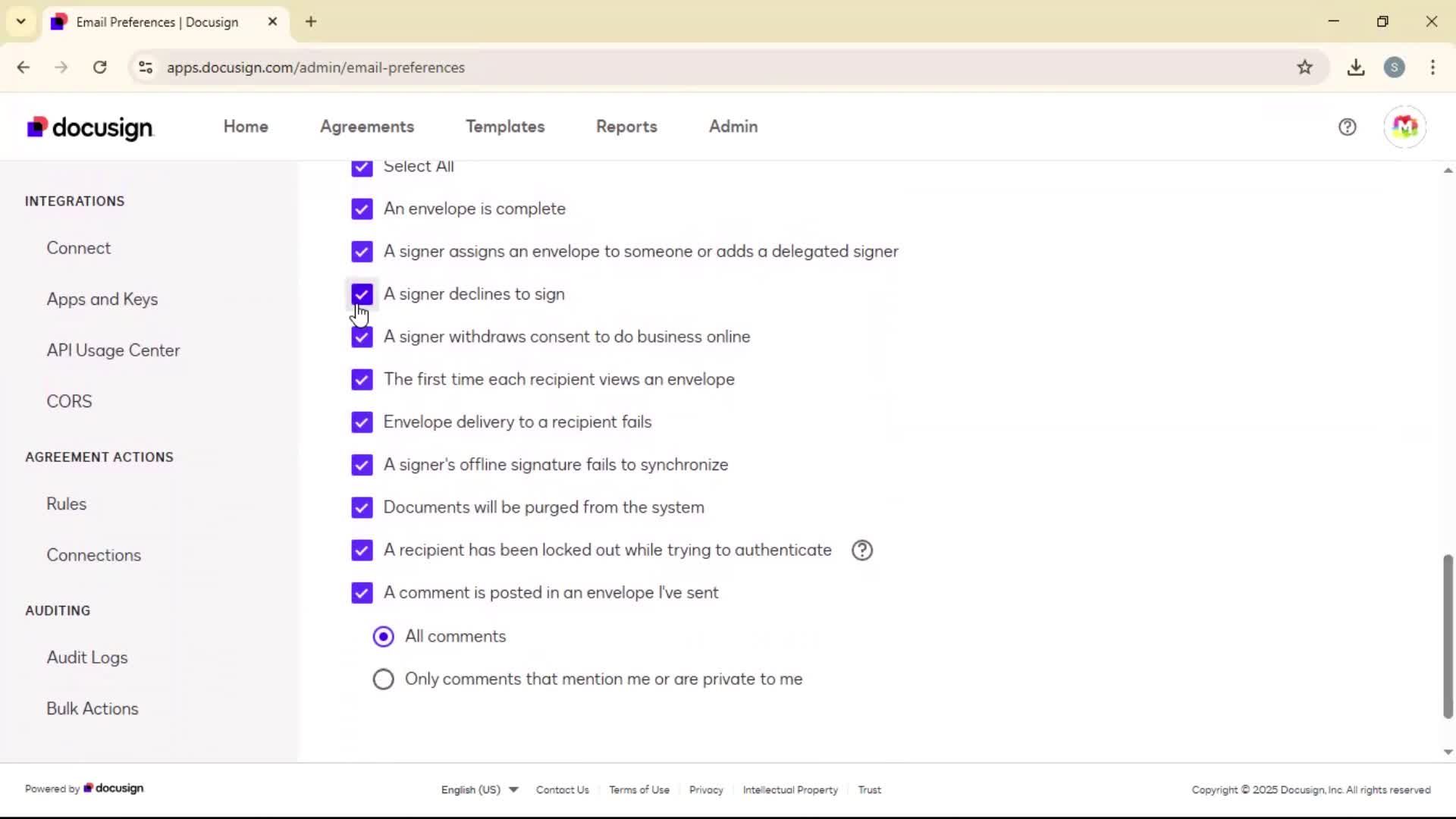 Updating email preferences screenshot