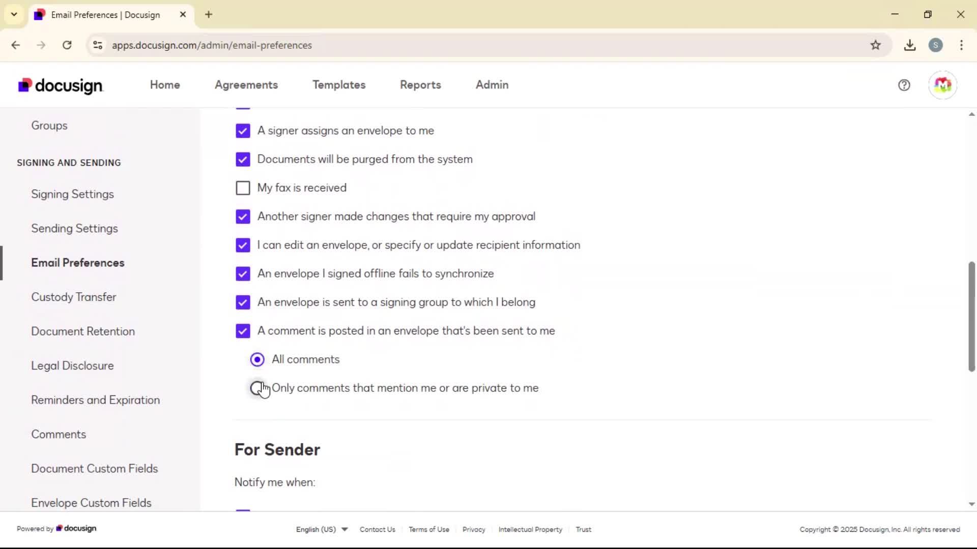 Updating email preferences screenshot