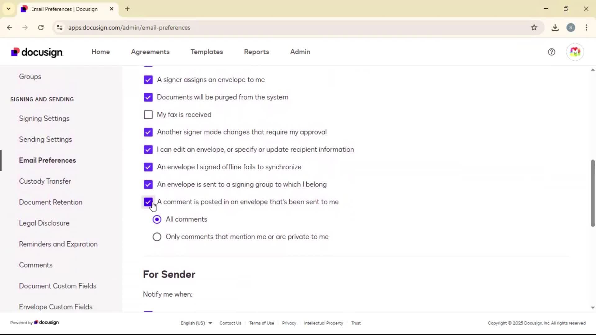 Updating email preferences screenshot