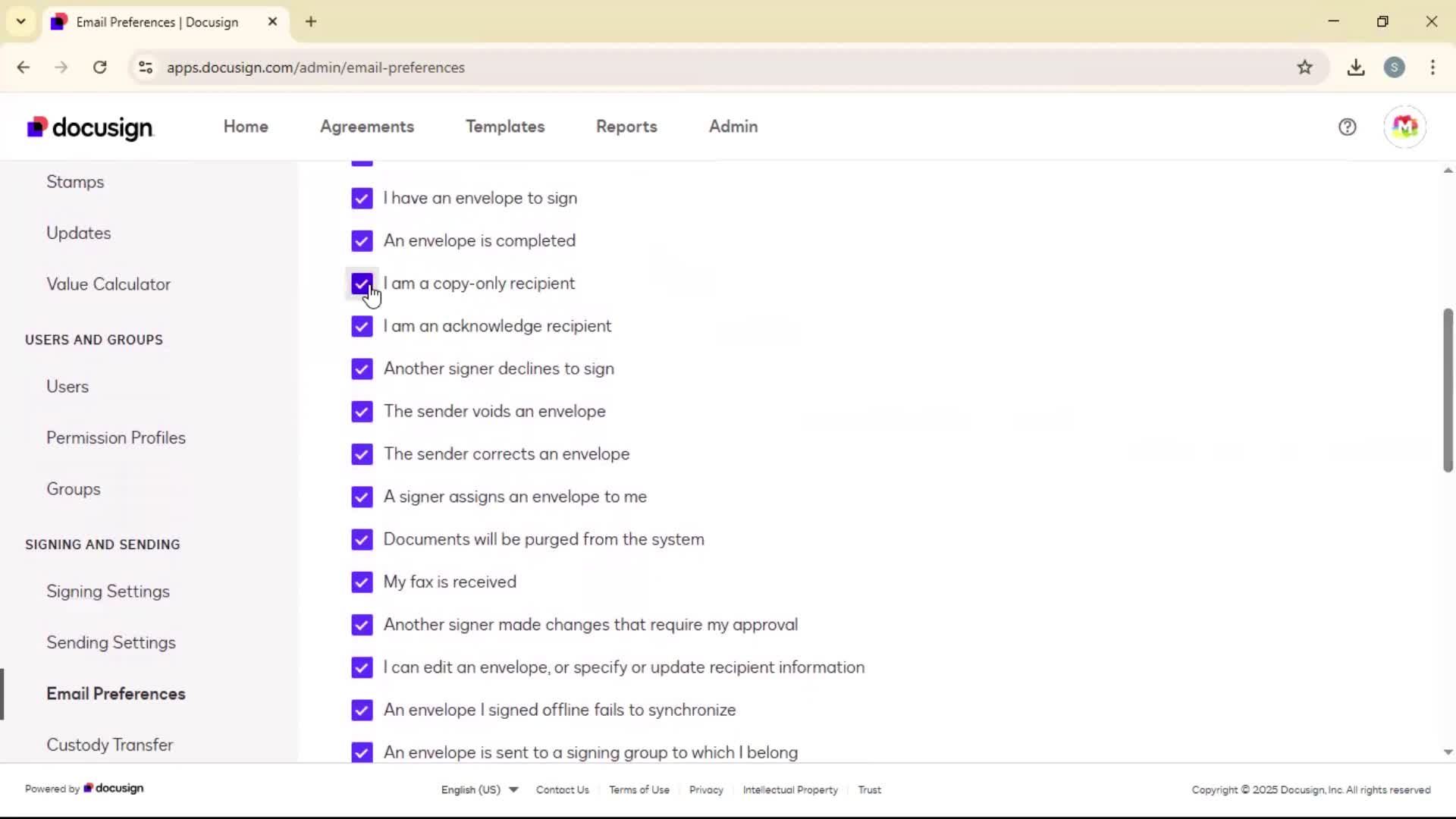 Updating email preferences screenshot