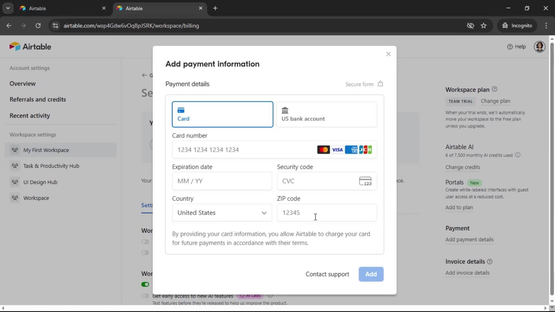 Updating payment settings screenshot