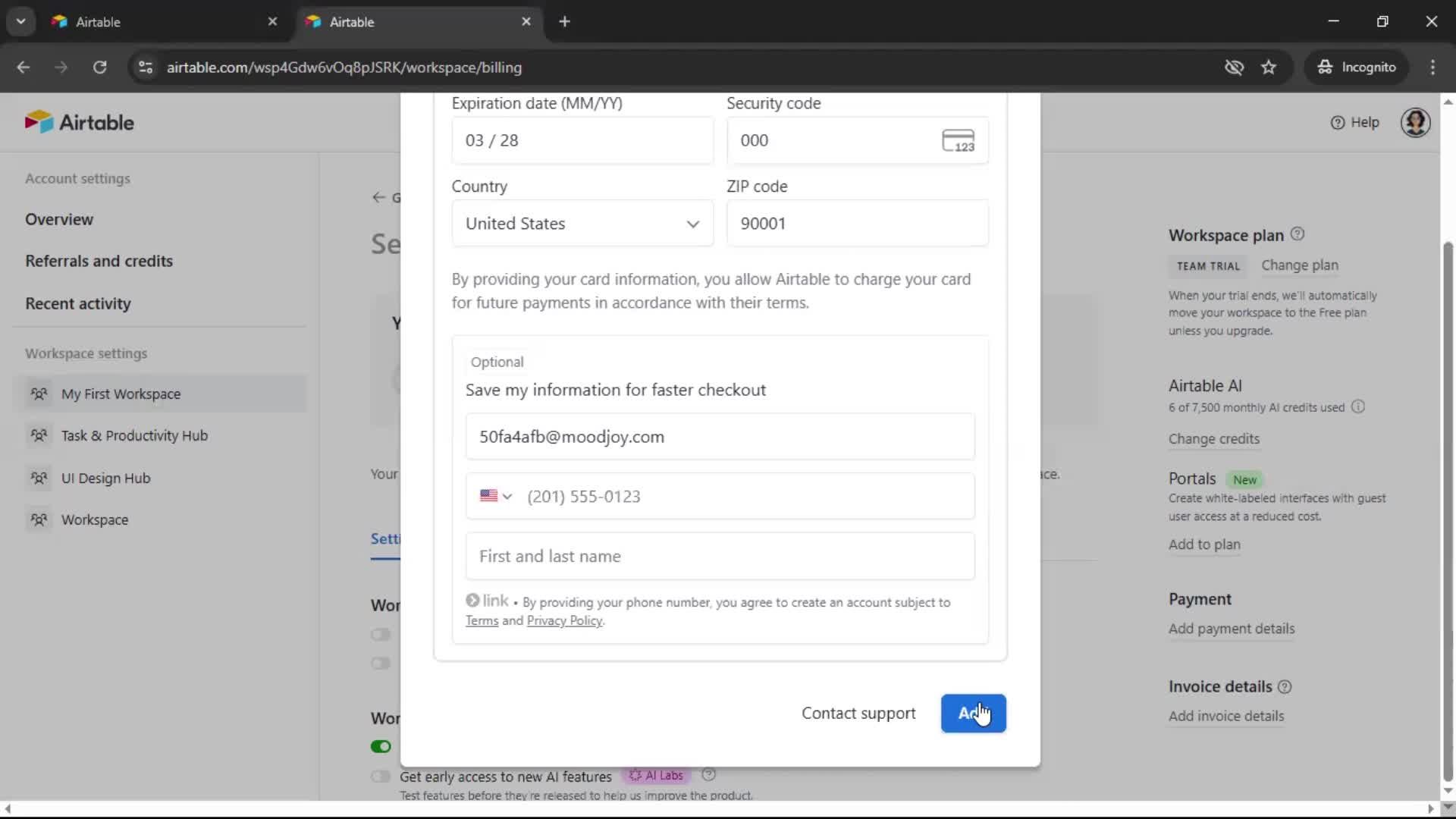 Updating payment settings screenshot