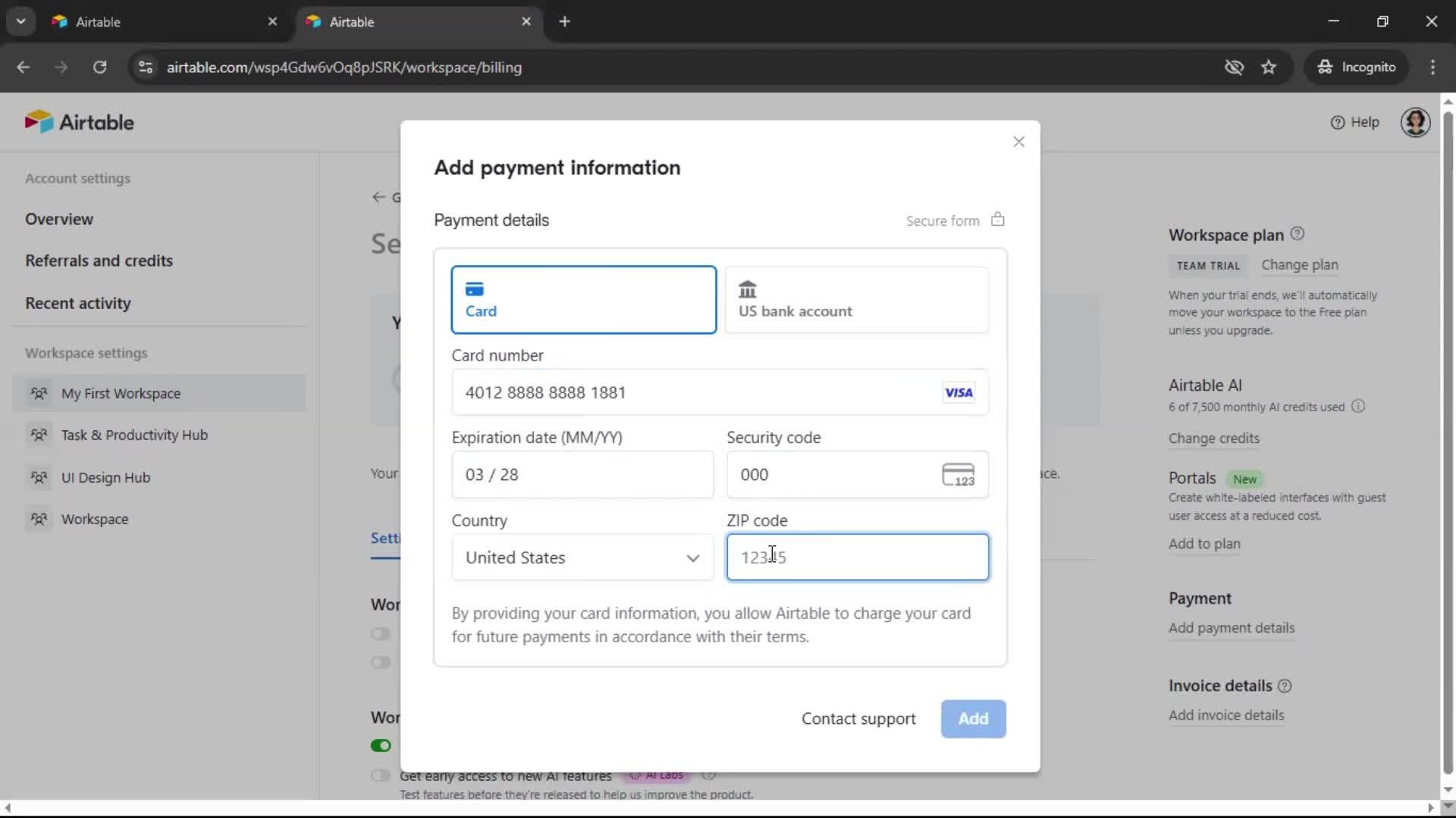 Updating payment settings screenshot