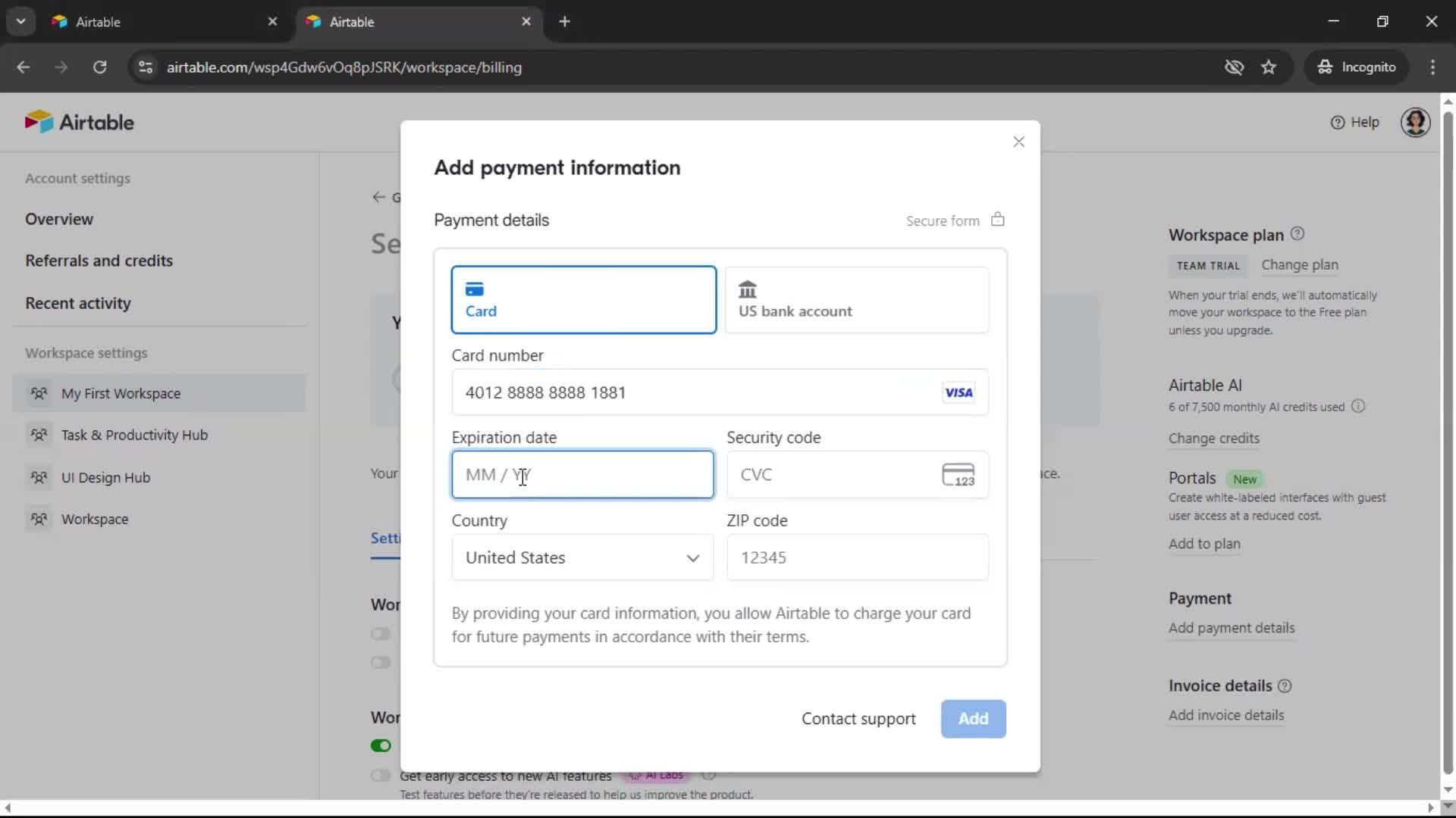 Updating payment settings screenshot