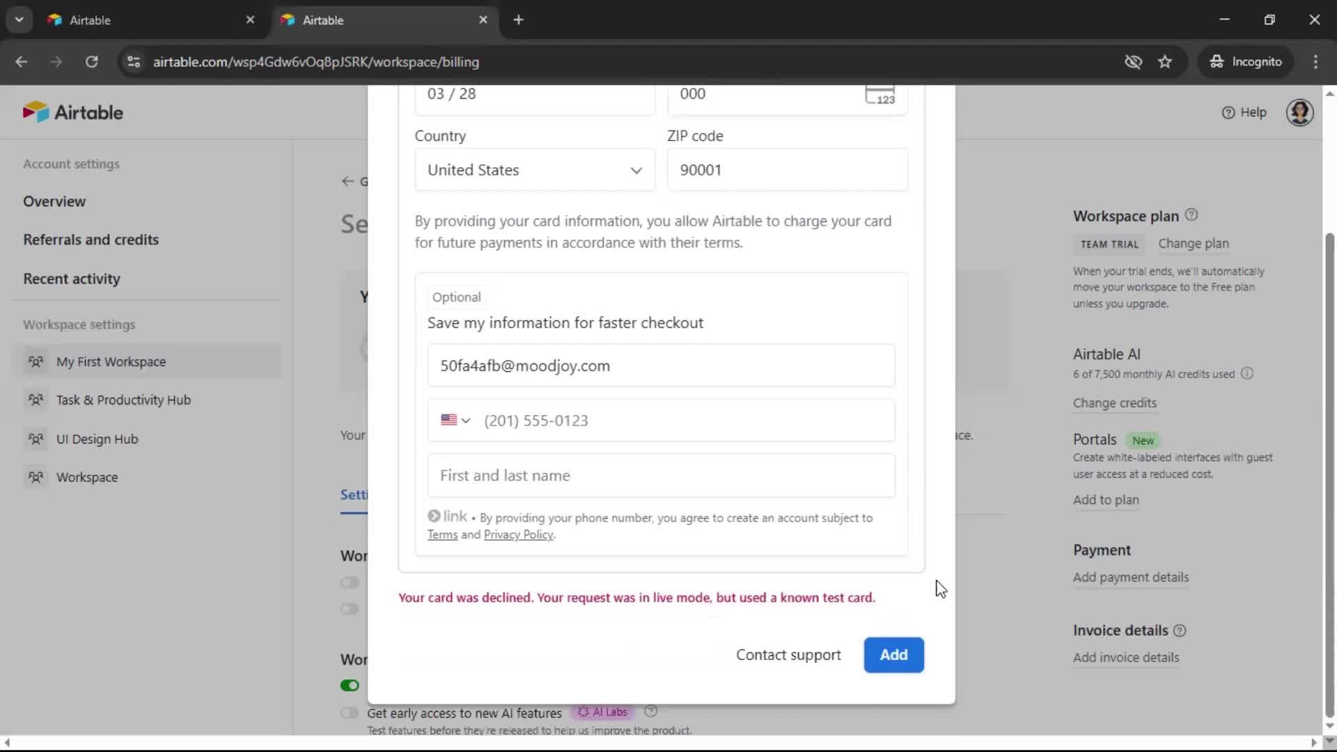 Updating payment settings screenshot