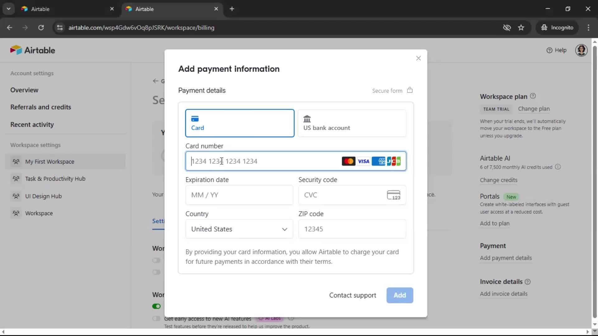 Updating payment settings screenshot