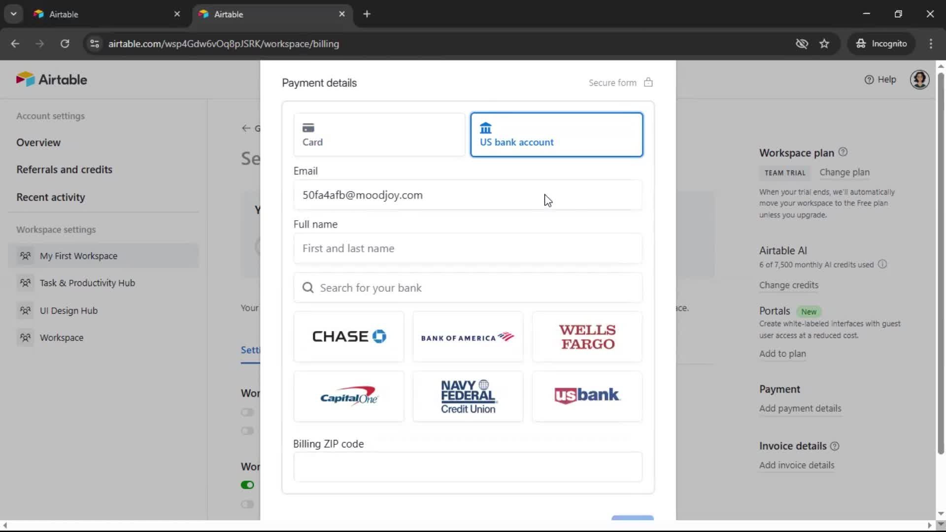 Updating payment settings screenshot