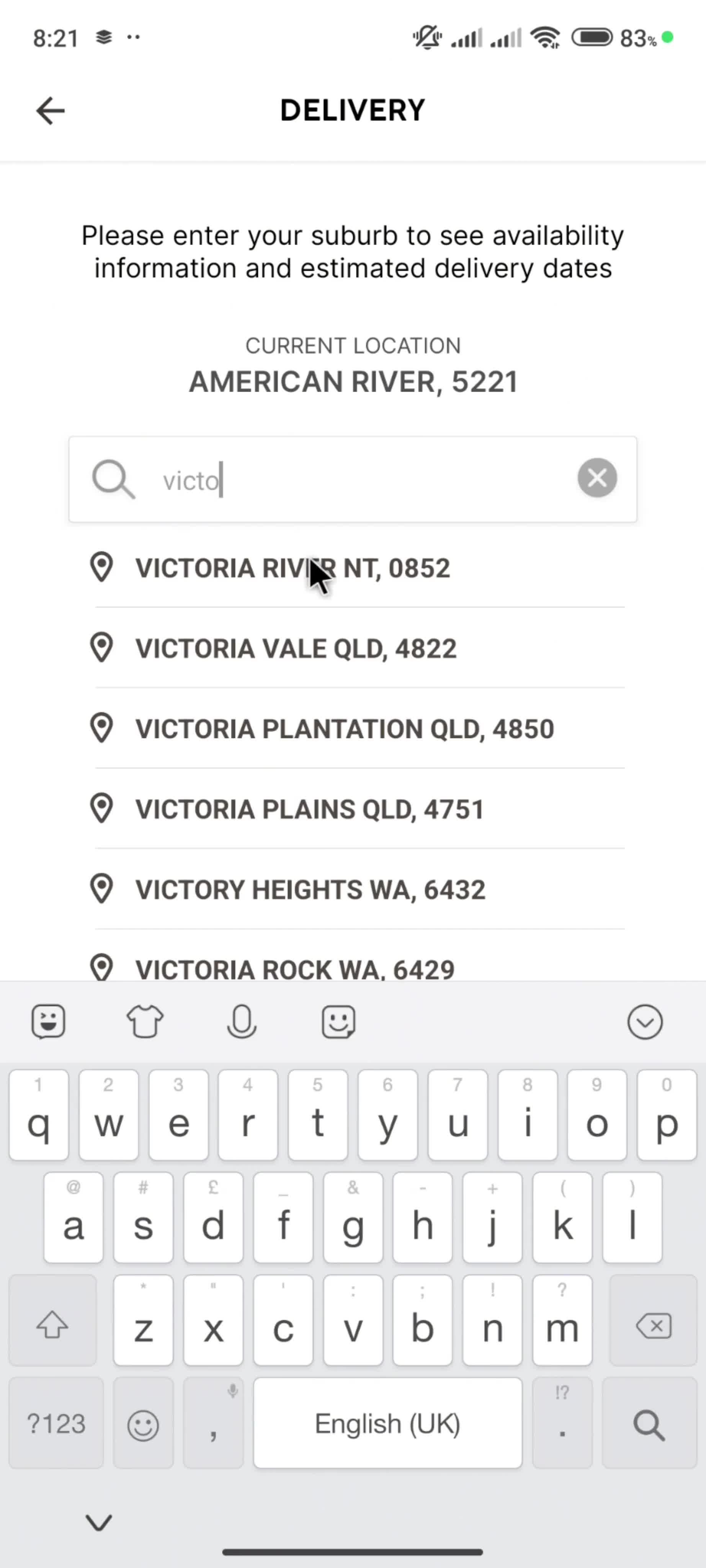 Updating delivery address screenshot
