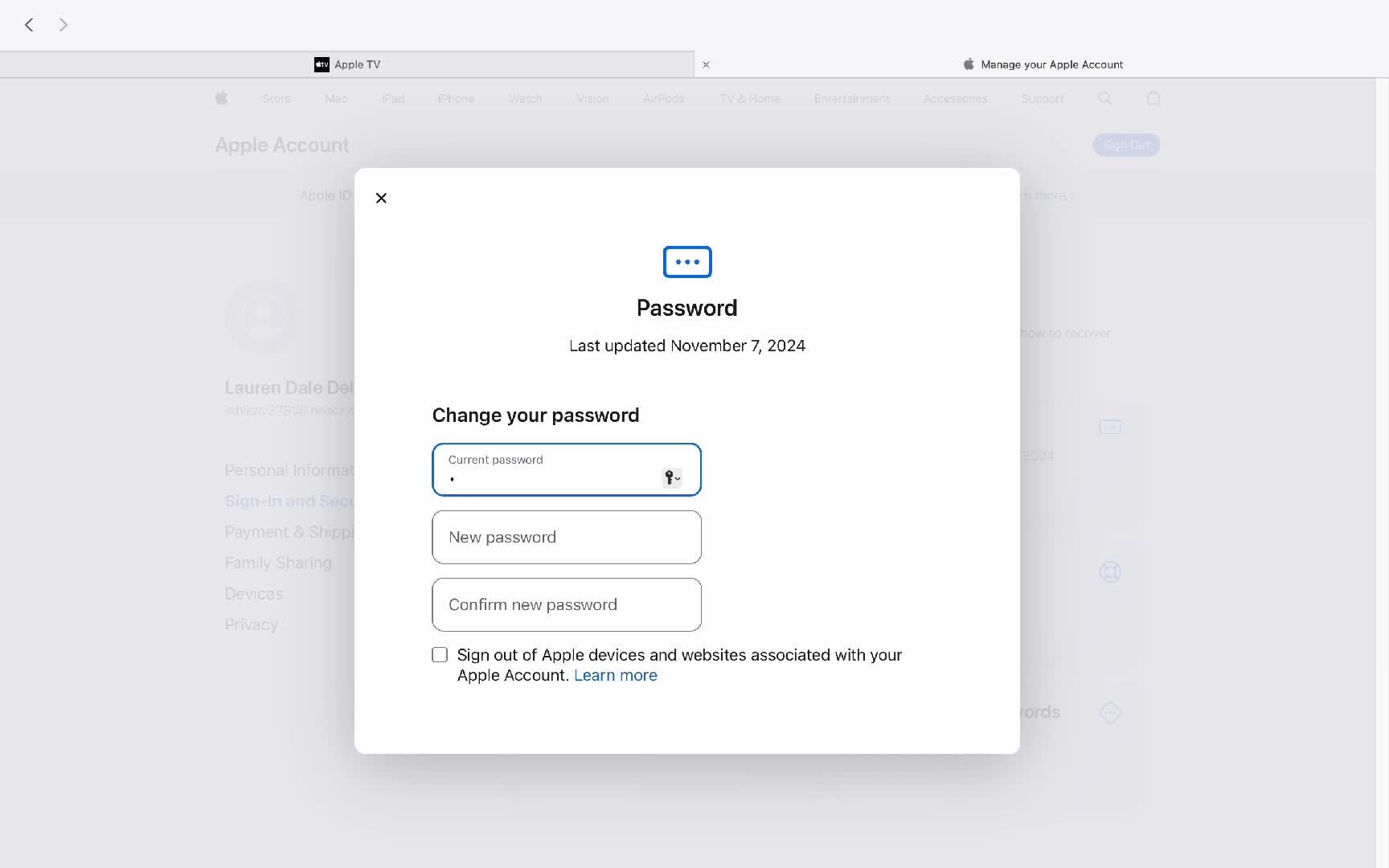 Changing password screenshot