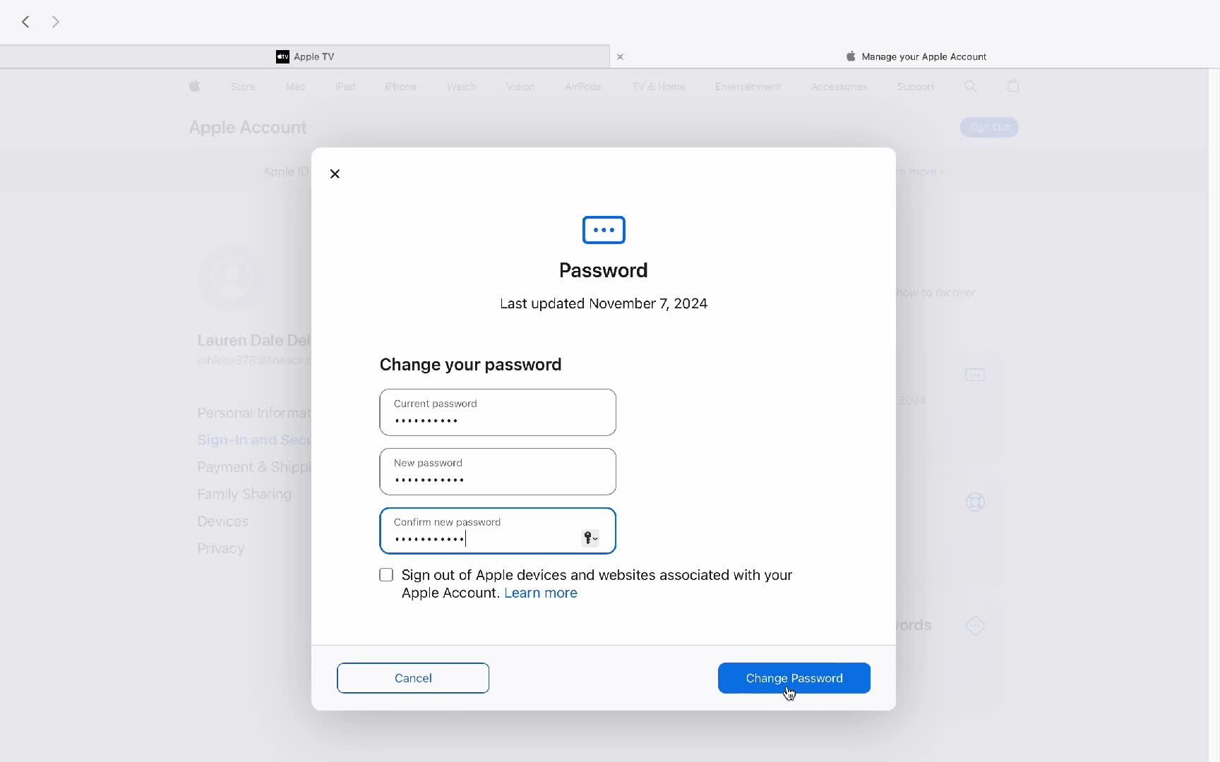 Changing password screenshot