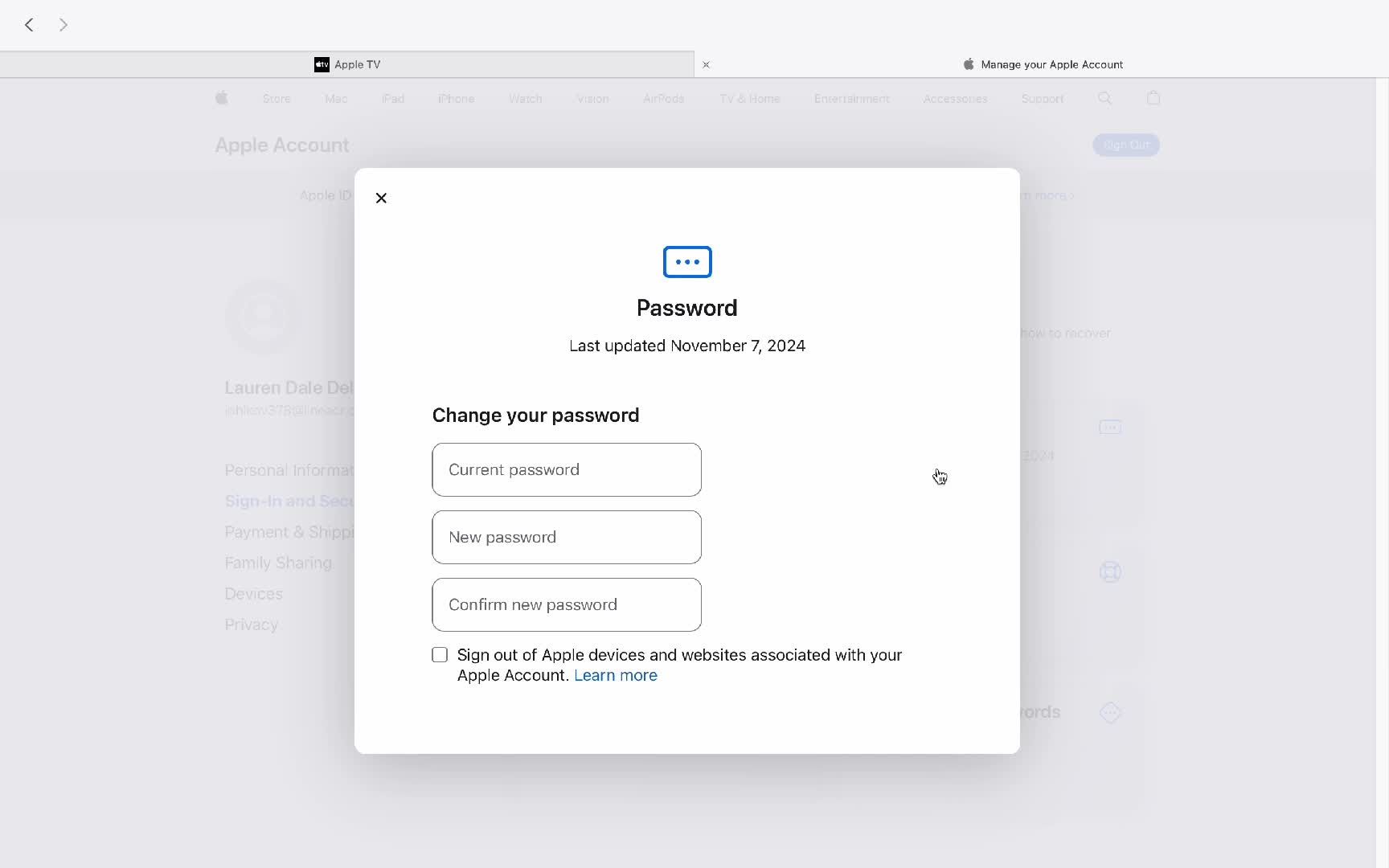 Changing password screenshot