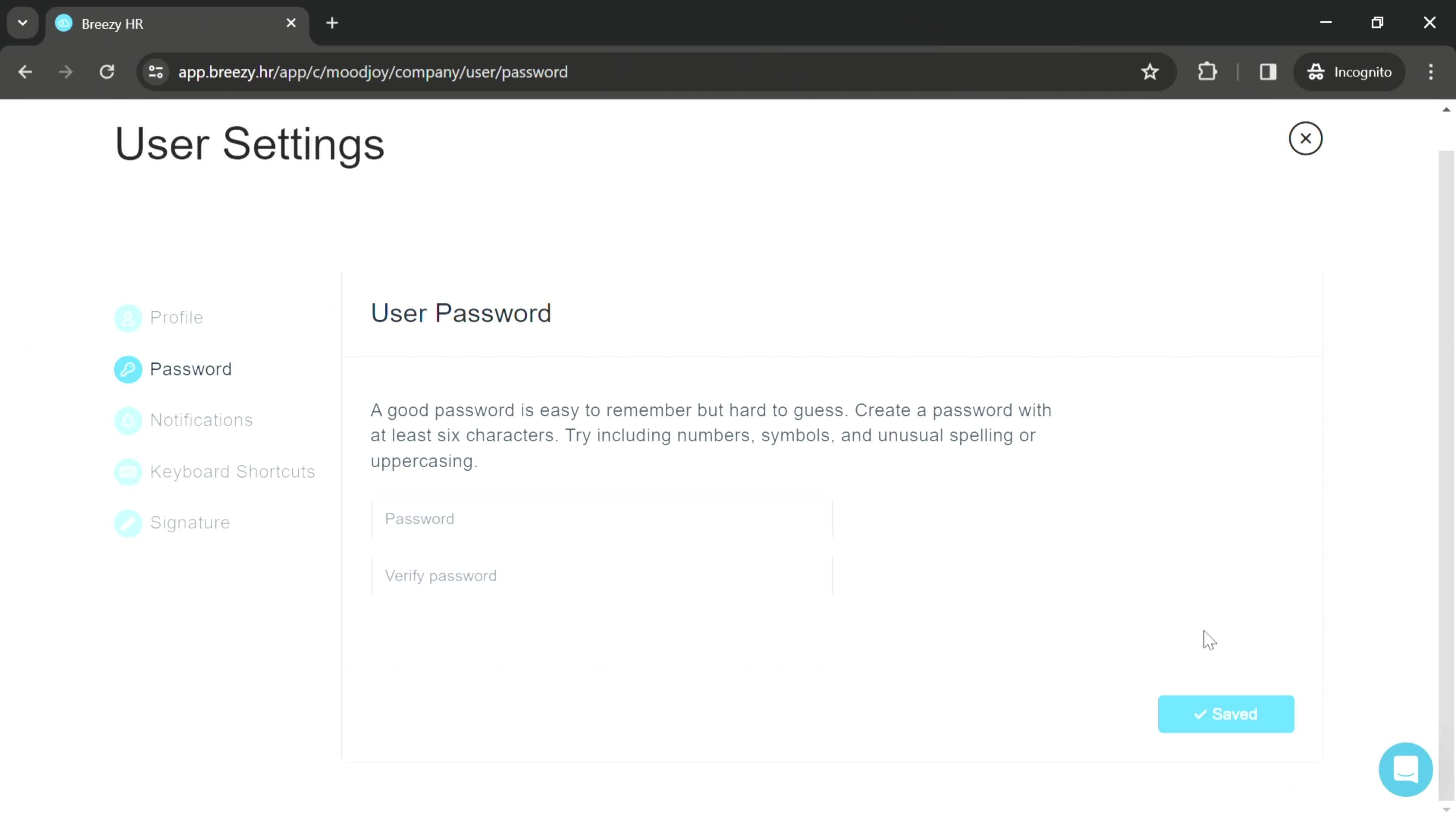 Changing password screenshot