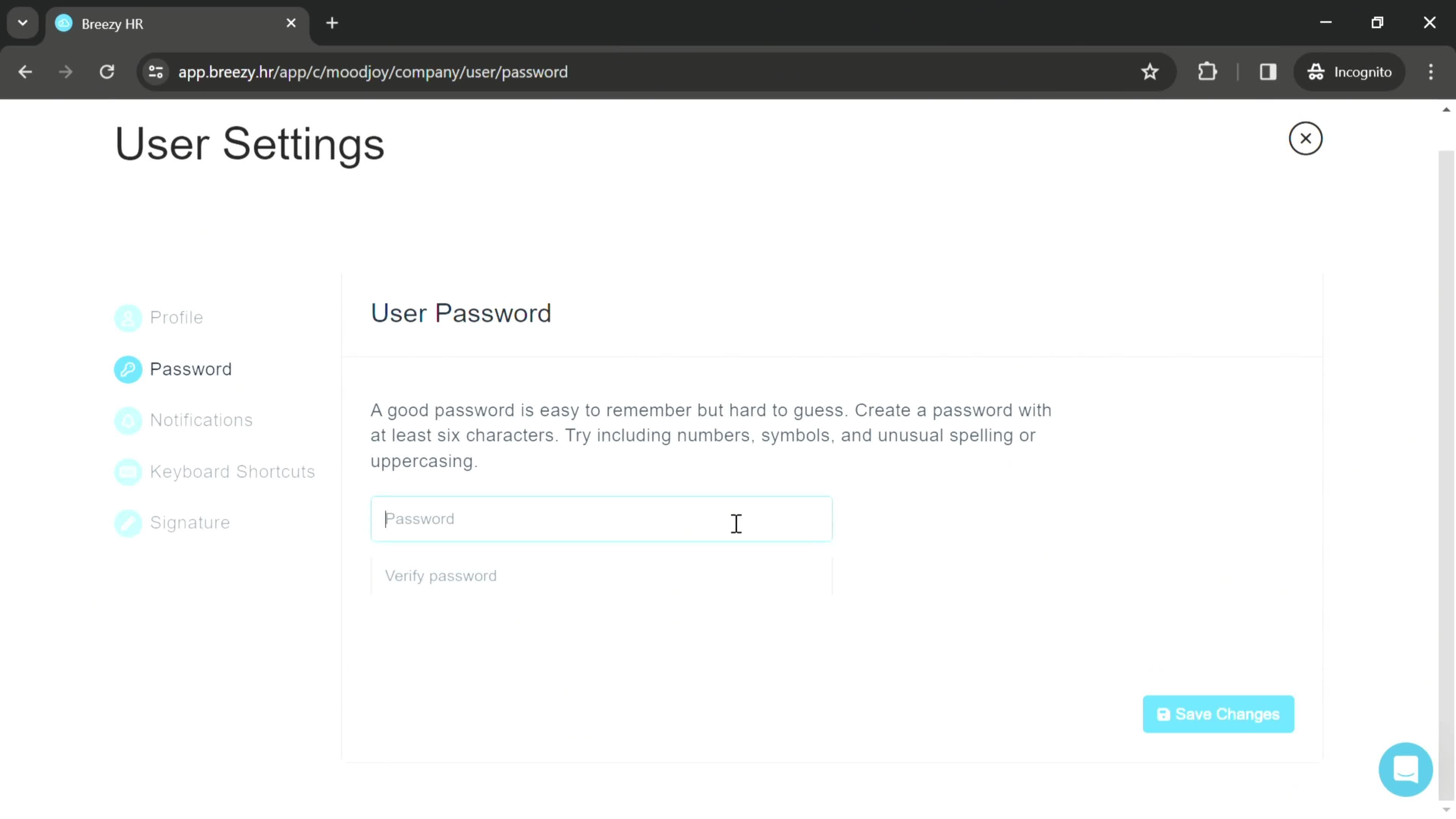 Changing password screenshot