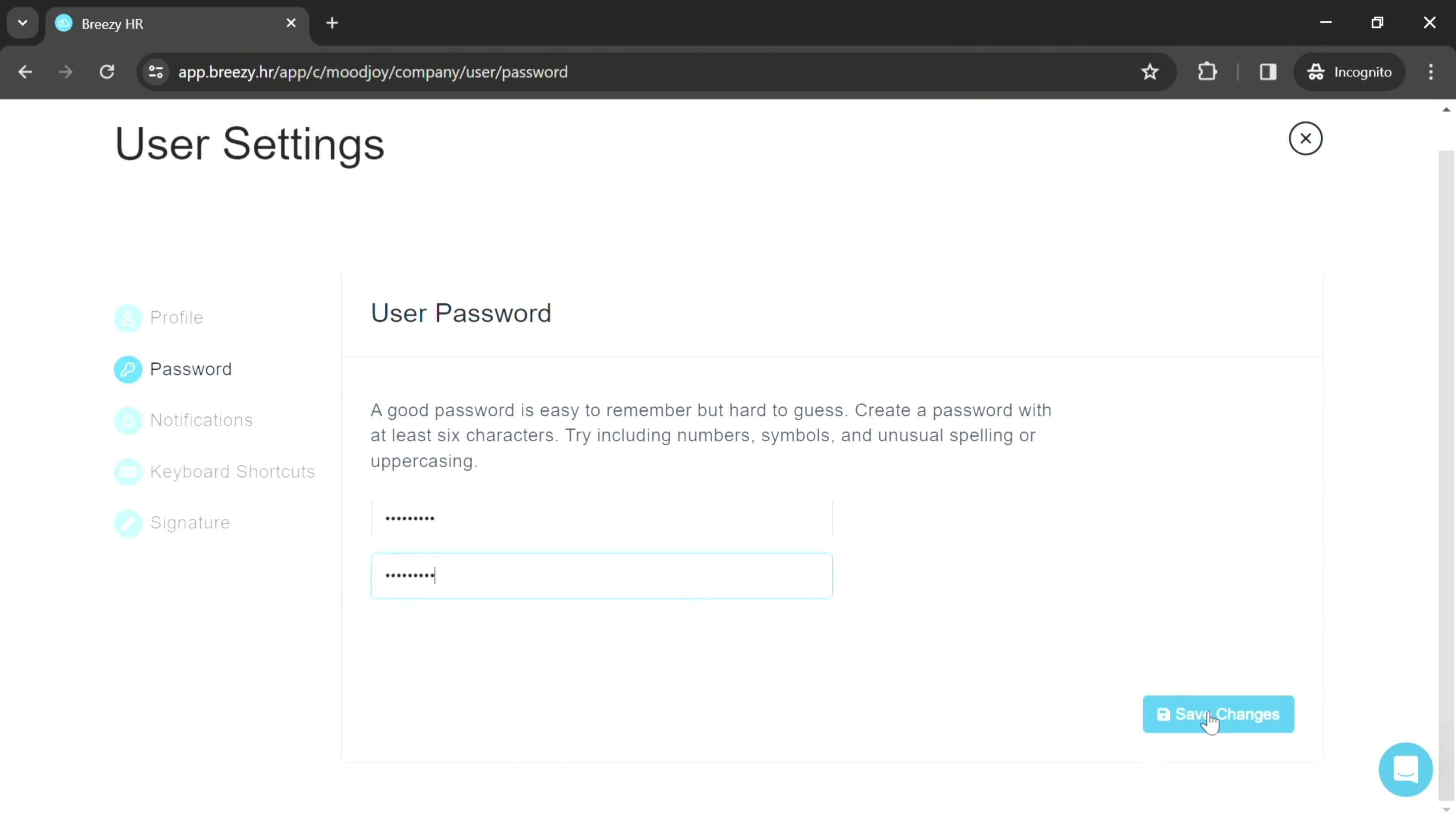 Changing password screenshot