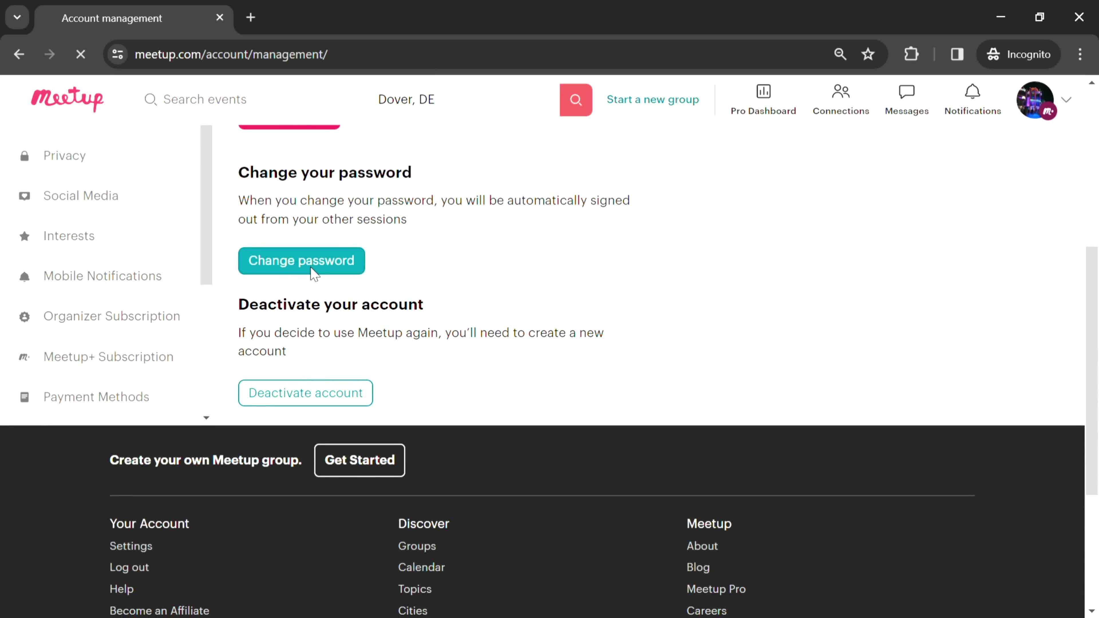 Changing password screenshot